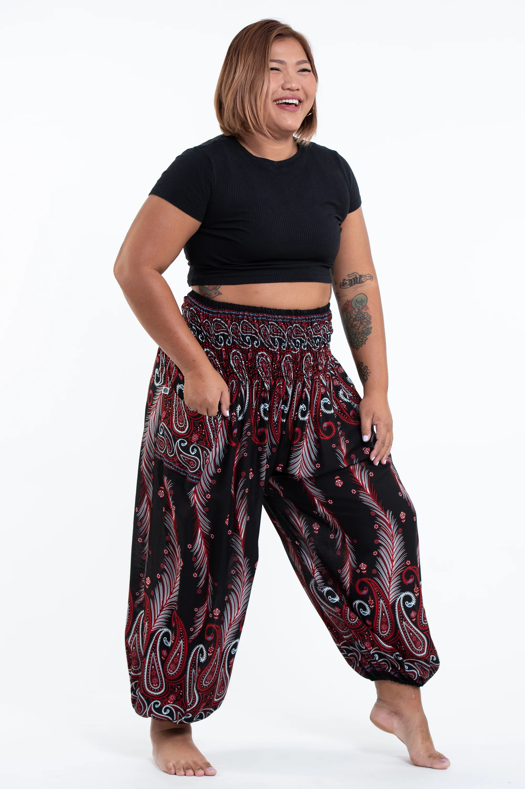 1693-Plus-Size-Paisley-Feathers-Women-s-Harem-Pants-in-Black-3.webp Plus Size Paisley Feathers Women's Harem Pants in Black