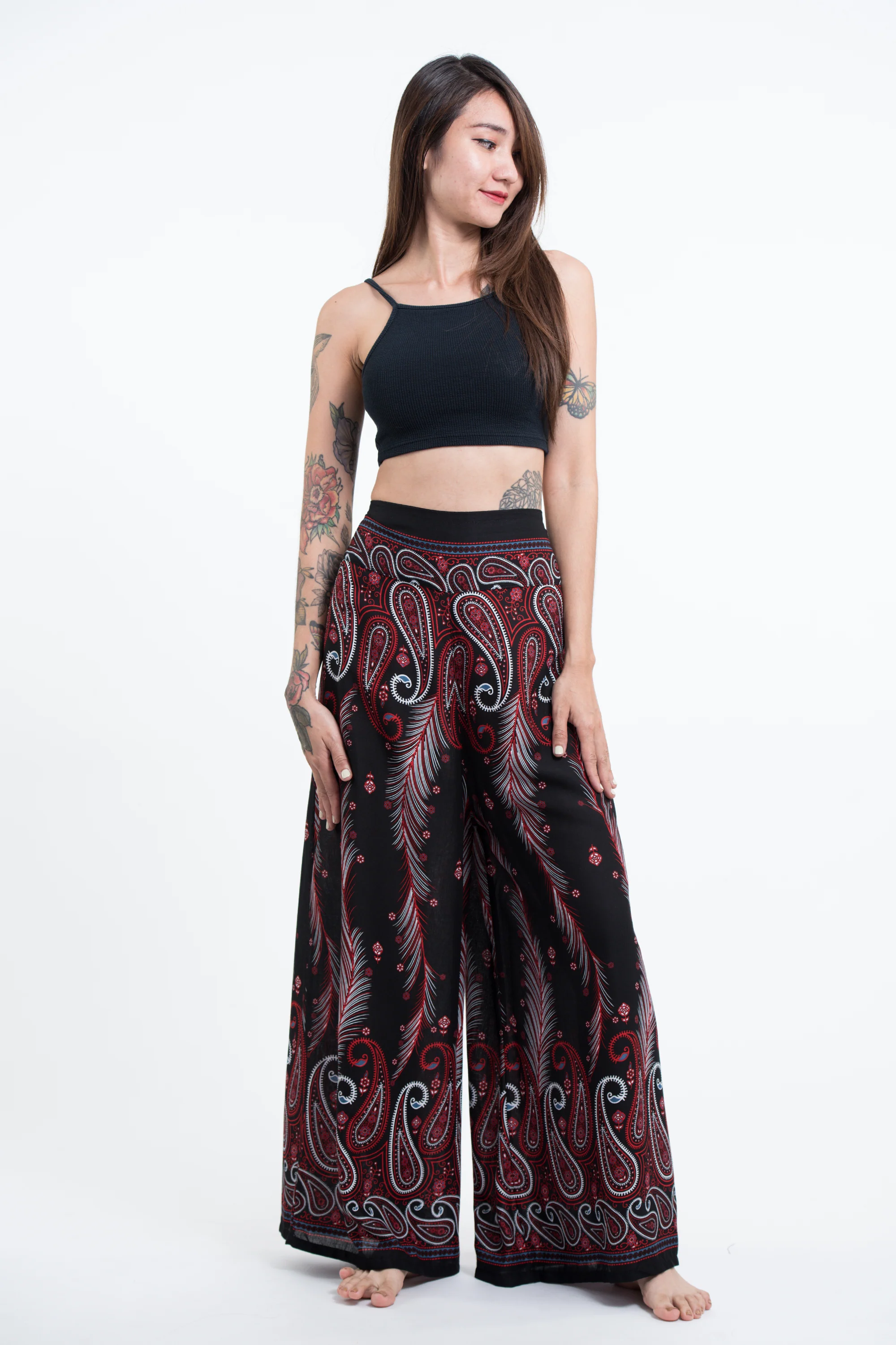 Paisley Feathers Palazzo Style Harem Pants in Black
