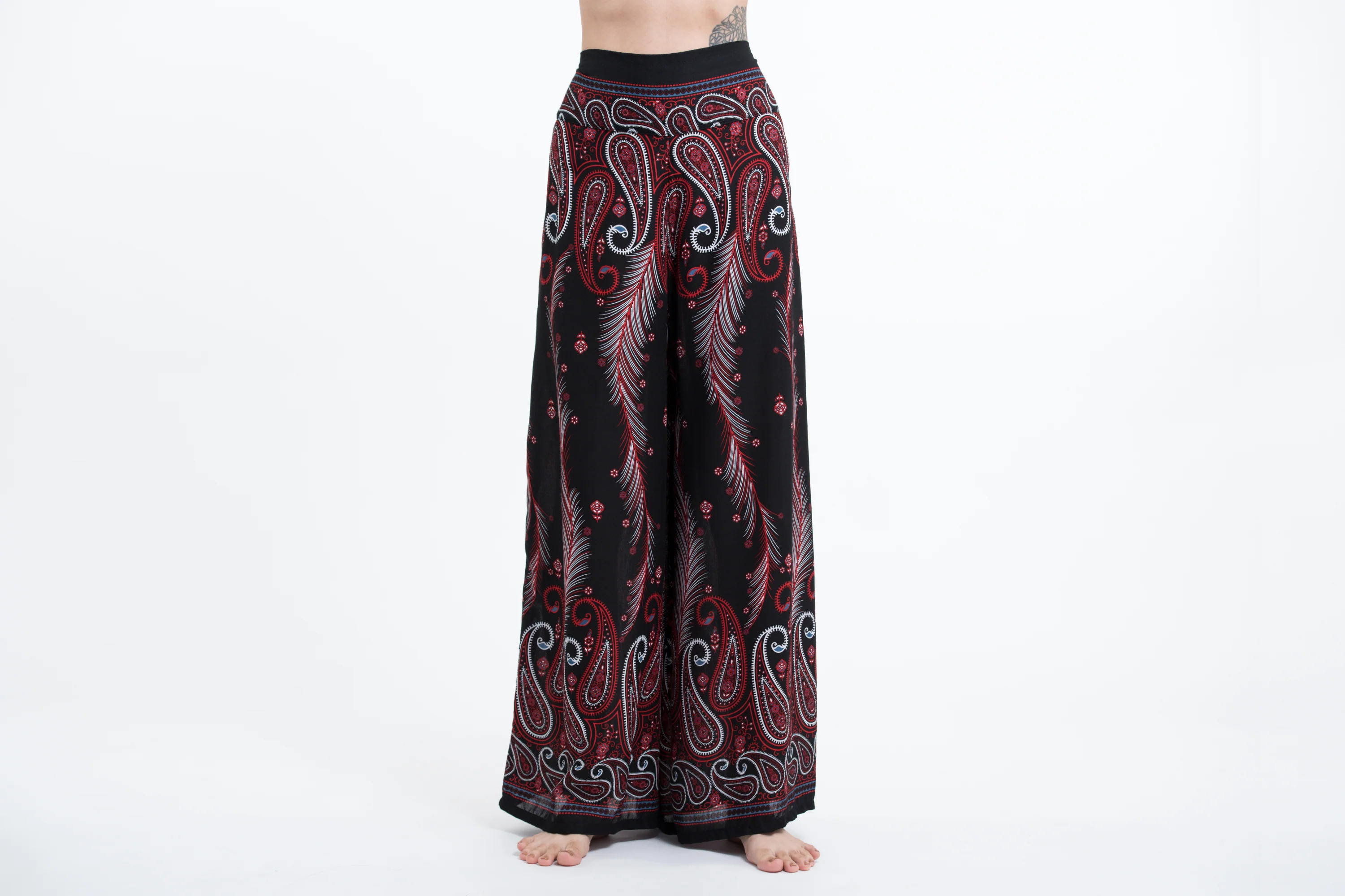 Paisley Feathers Palazzo Style Harem Pants in Black