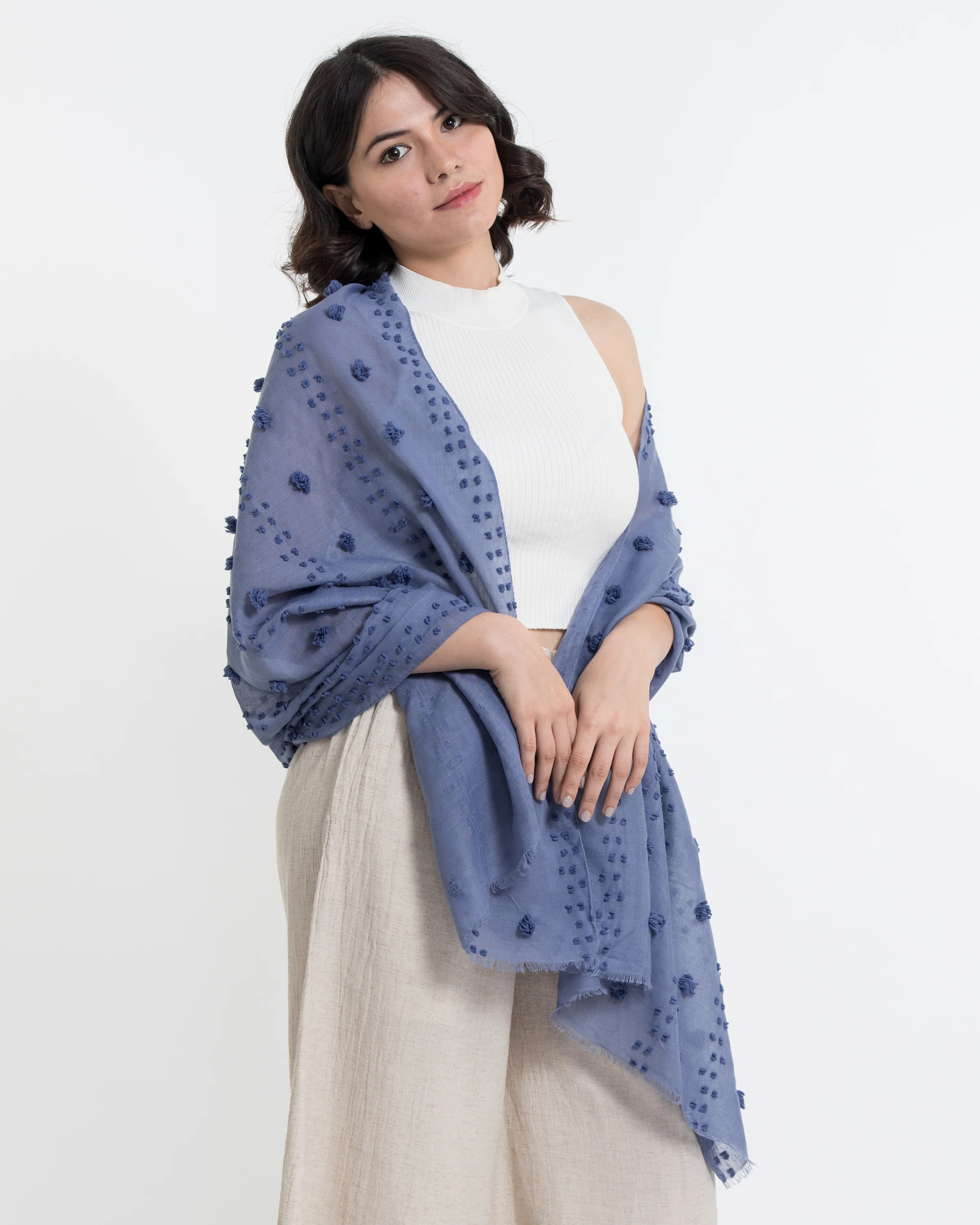 Cotton Blend Shawl Scarf with Pom Poms in Blue