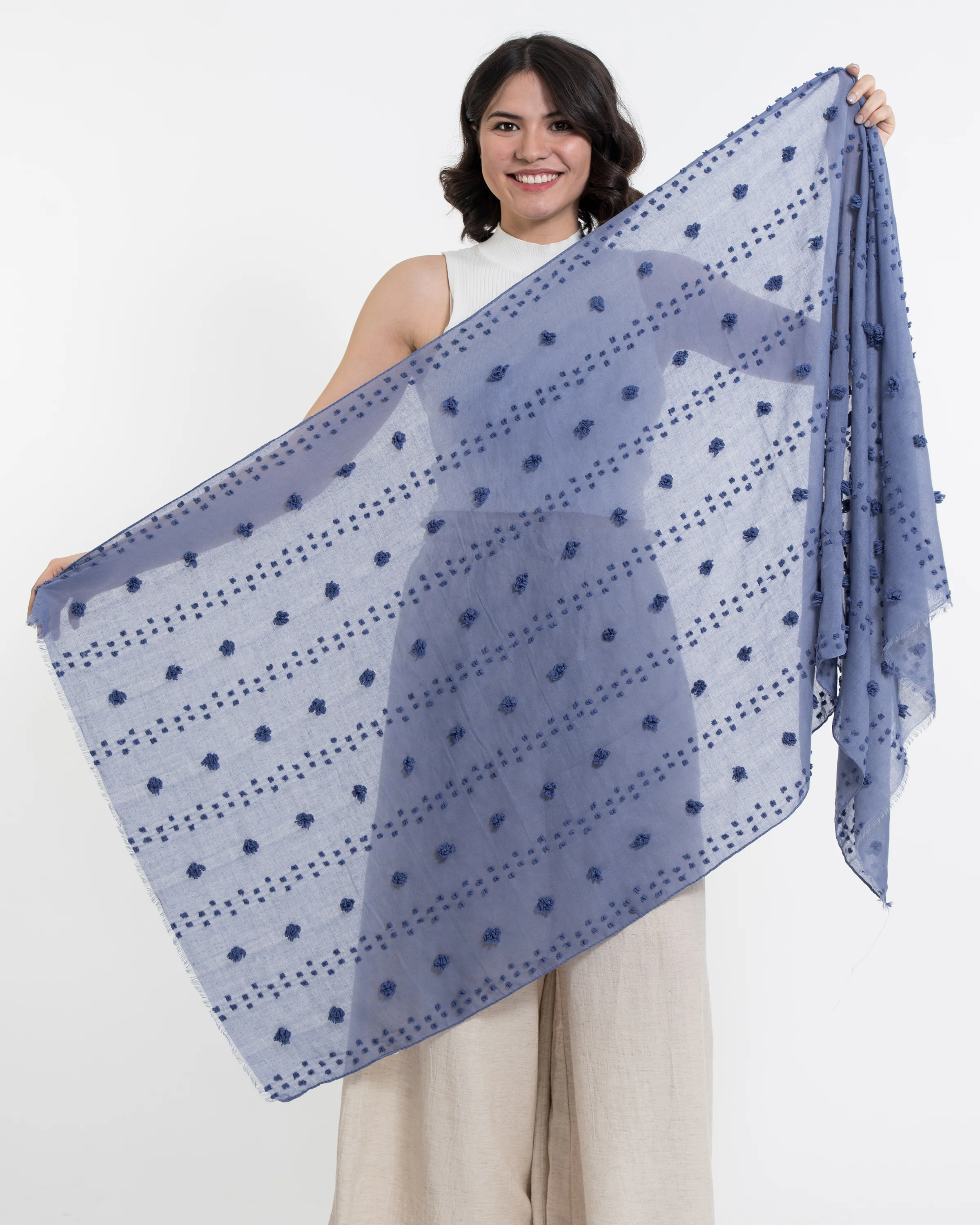 Cotton Blend Shawl Scarf with Pom Poms in Blue