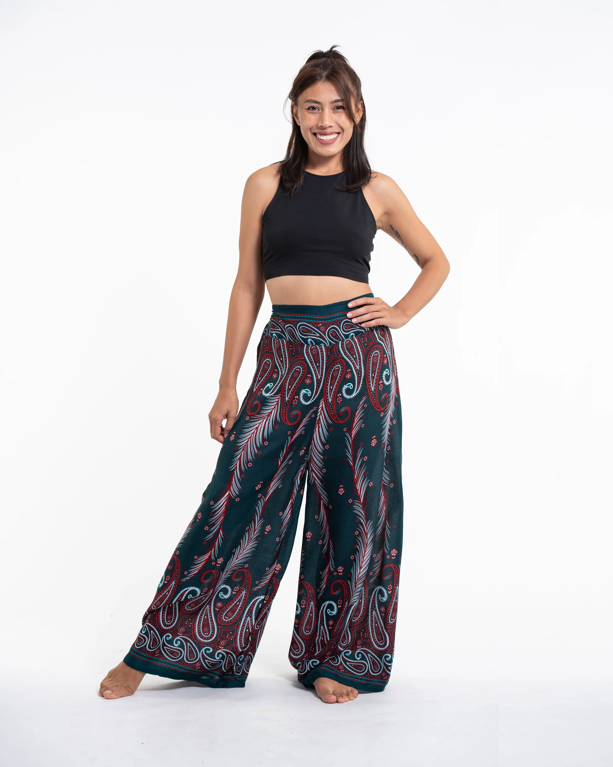 Paisley Feathers Palazzo Style Harem Pants in Green