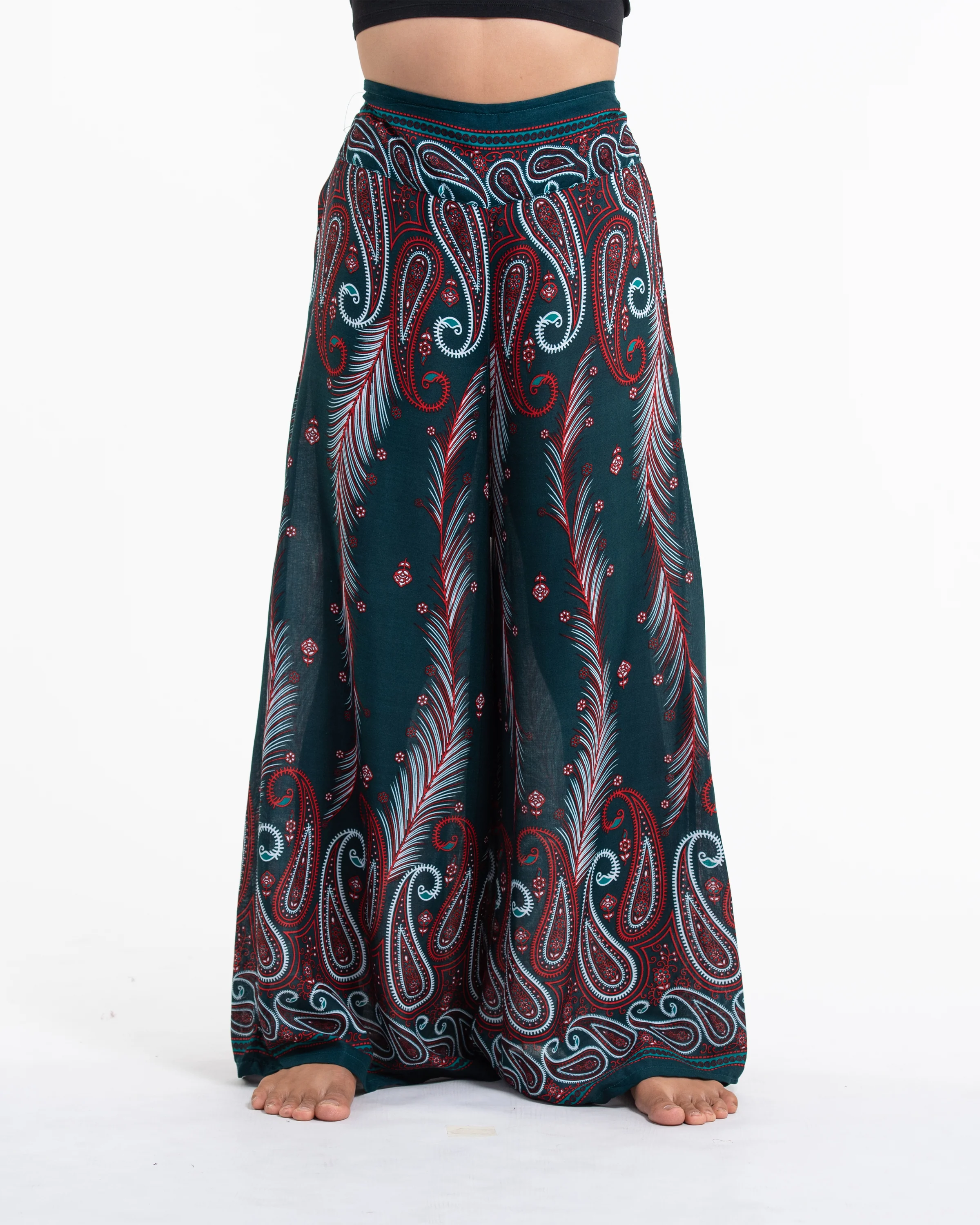 Paisley Feathers Palazzo Style Harem Pants in Green