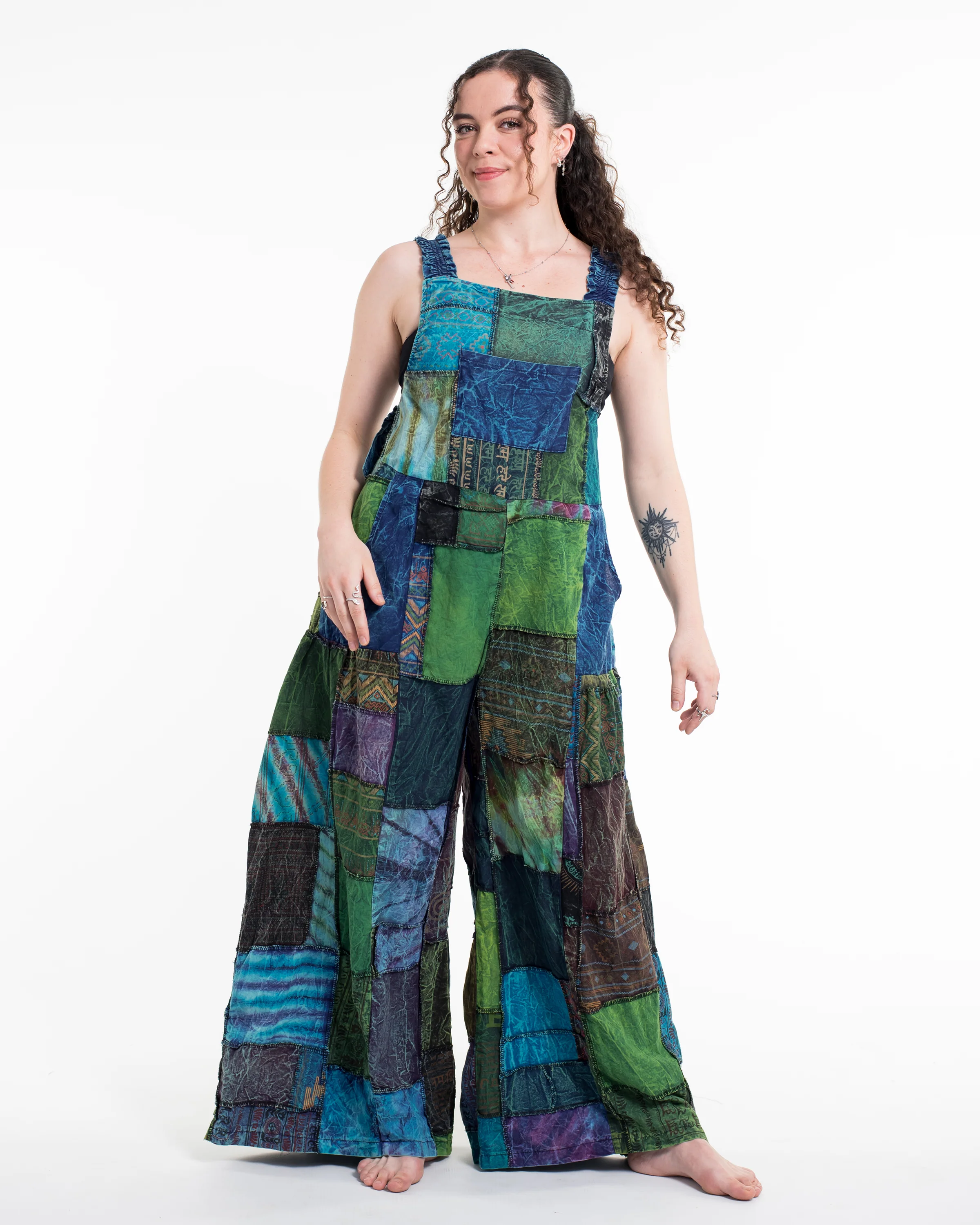 Patchwork Stonewash Overall in Multi Blue