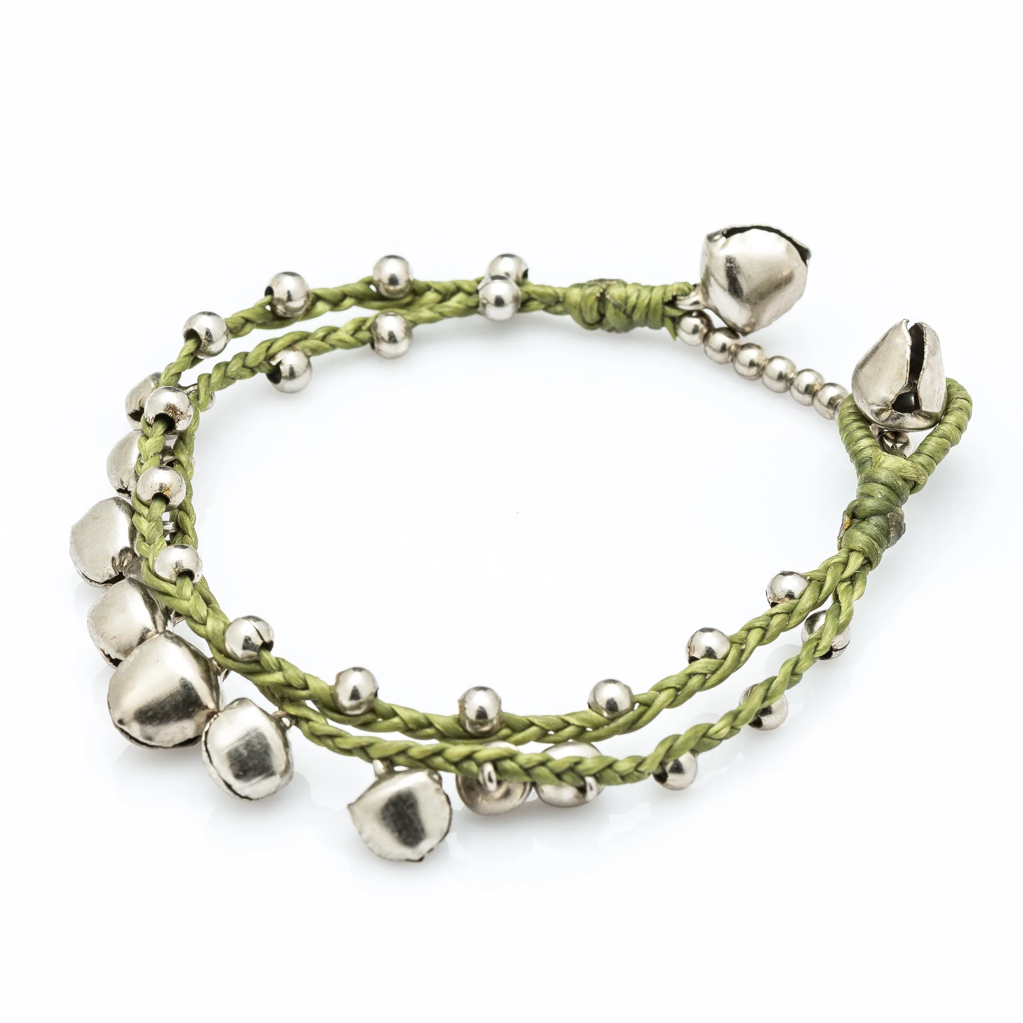 Silver Color Bell Waxed Cotton Bracelets in Lime