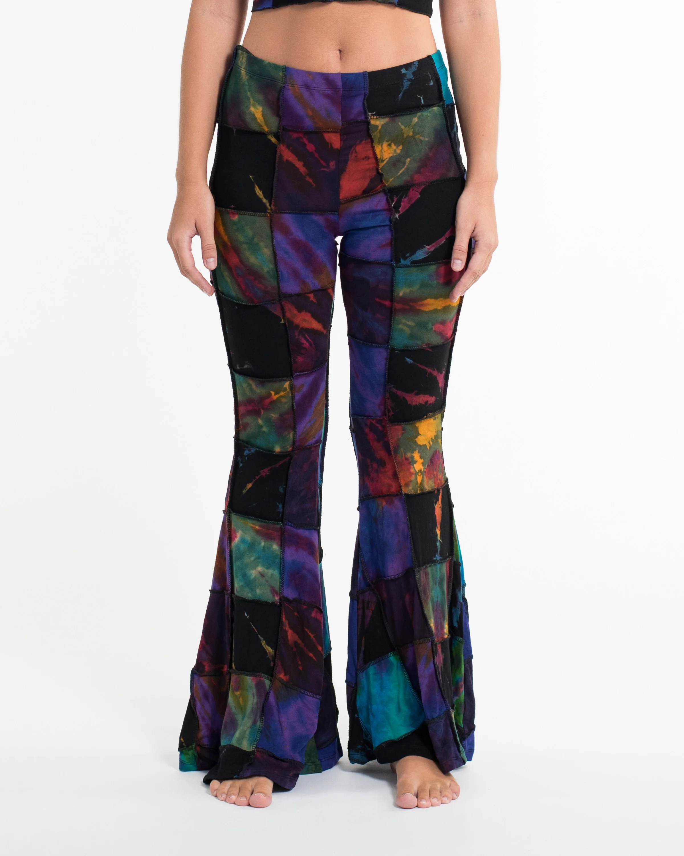 Patchwork Tie Dye Flare Pants in Multi Black
