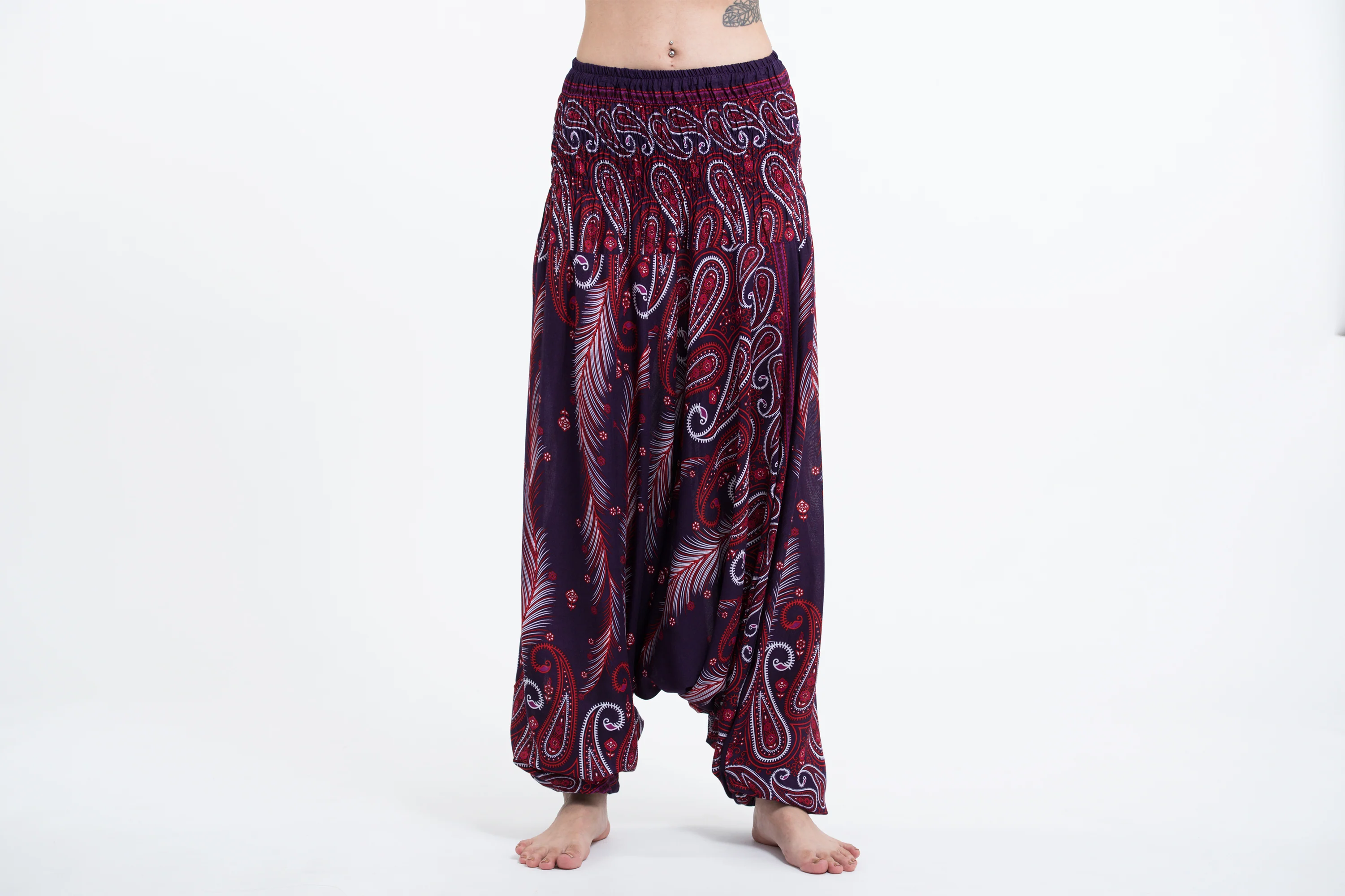 Paisley Feathers 2-in-1 Jumpsuit Harem Pants in Purple