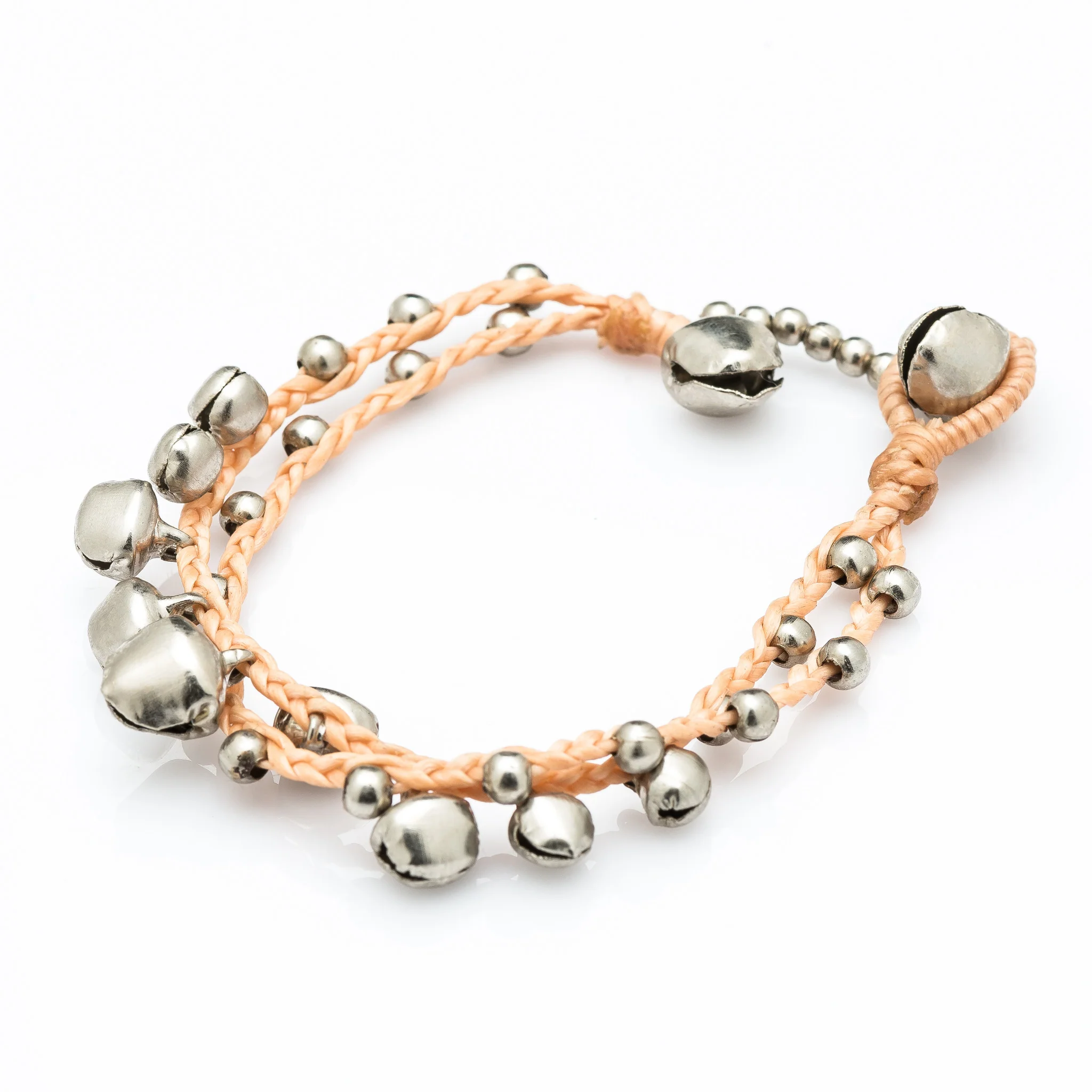 Silver Color Bell Waxed Cotton Bracelets in Tan