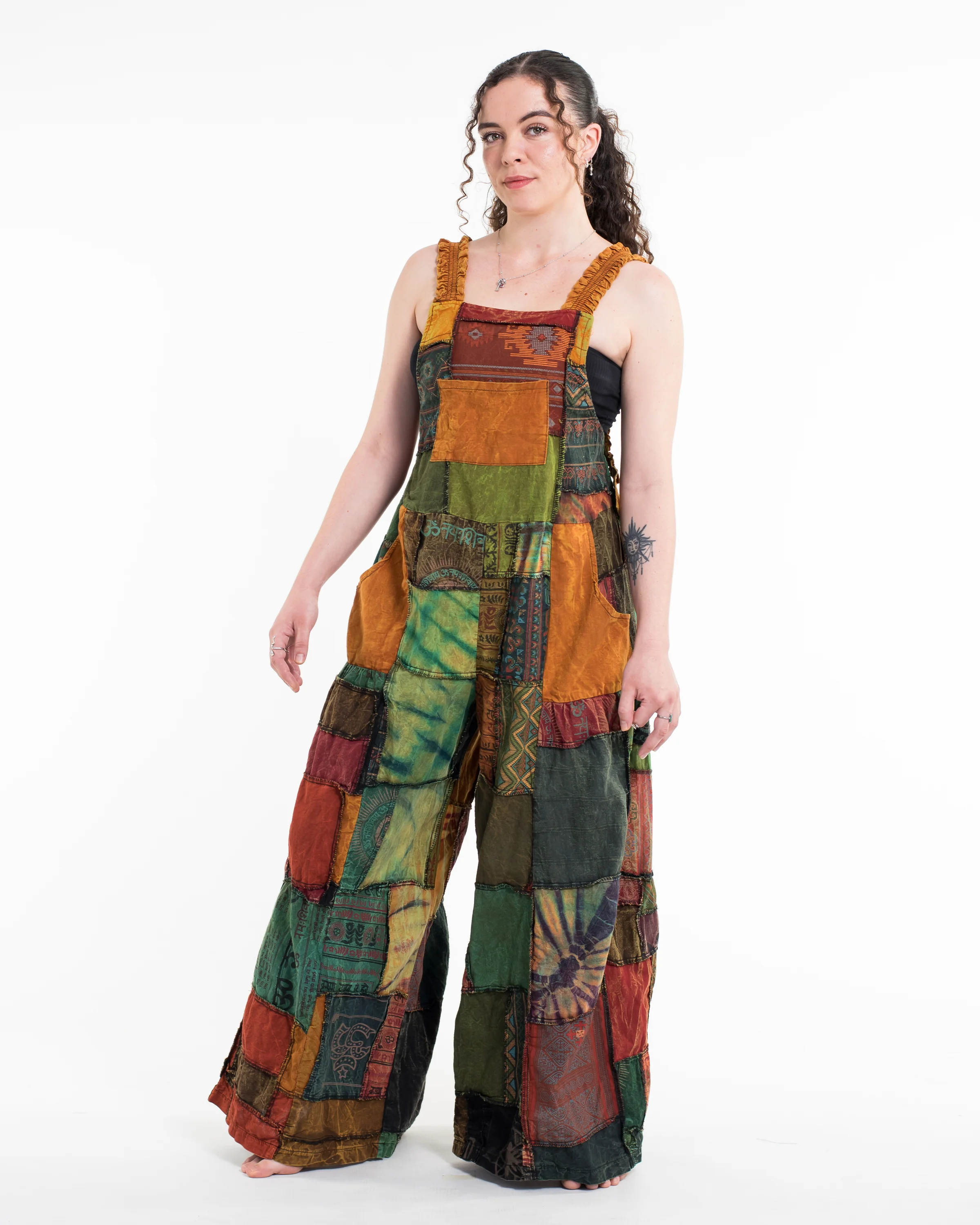 Patchwork Stonewash Overall in Multi Yellow