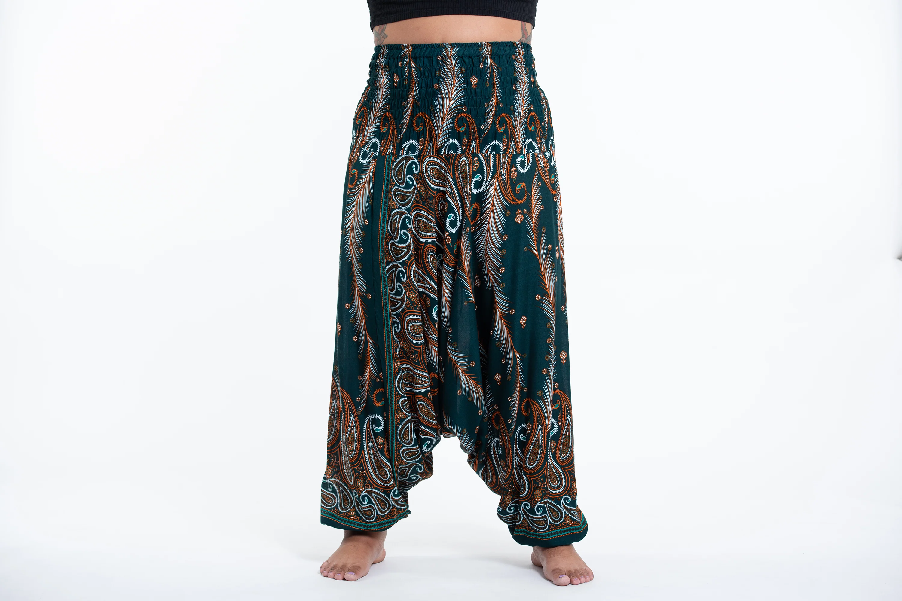 Plus Size Paisley Feathers 2-in-1 Jumpsuit Harem Pants in Green