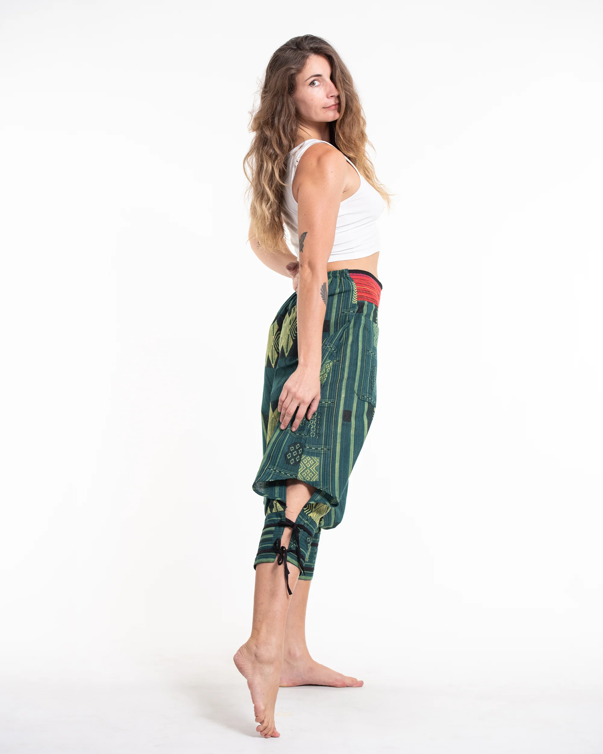 1747-Thai-Hill-Tribe-Fabric-Women-s-Harem-Pants-with-Ankle-Straps-in-Teal-3.webp Thai Hill Tribe Fabric Women's Harem Pants with Ankle Straps in Teal