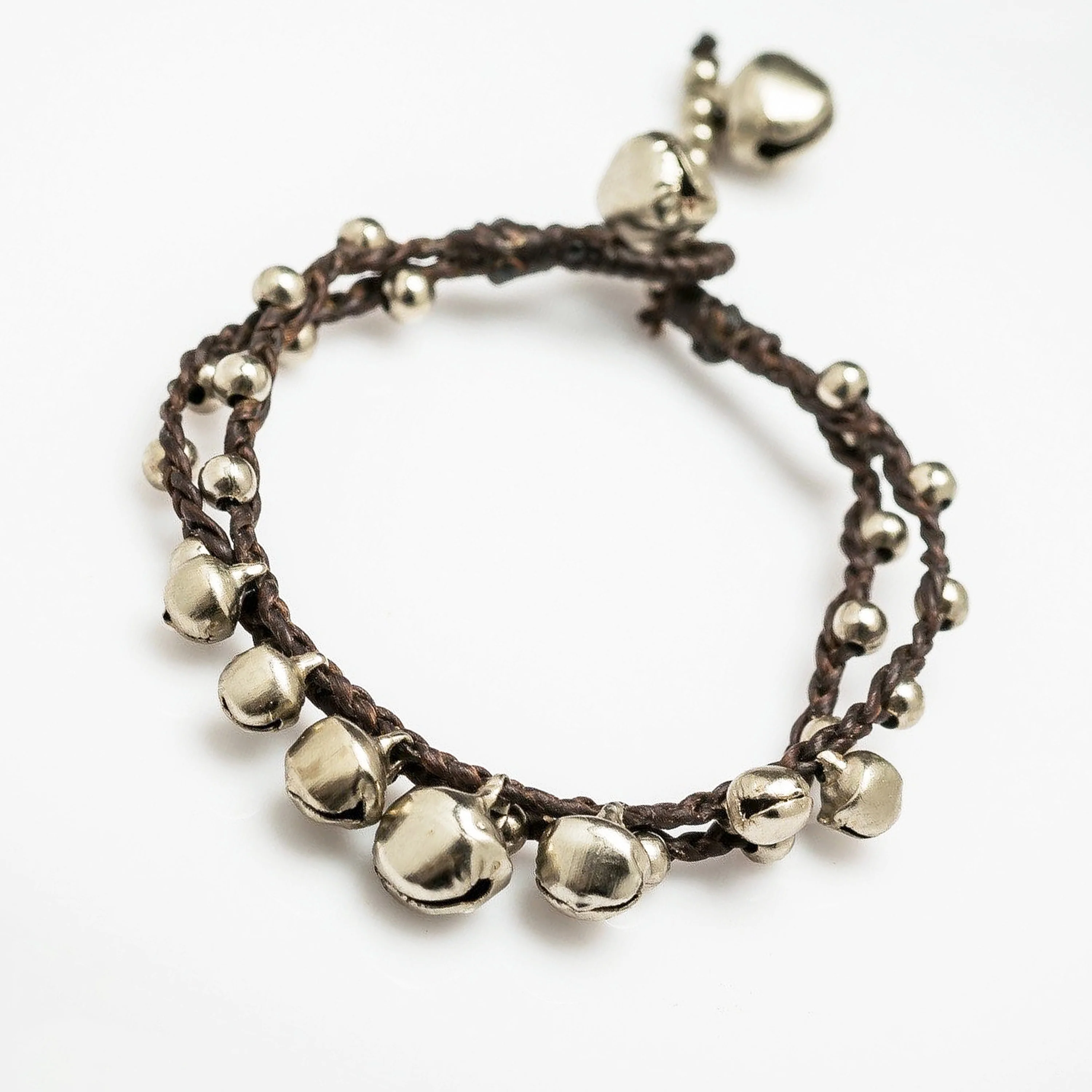 Silver Color Bell Waxed Cotton Bracelets in Chocolate