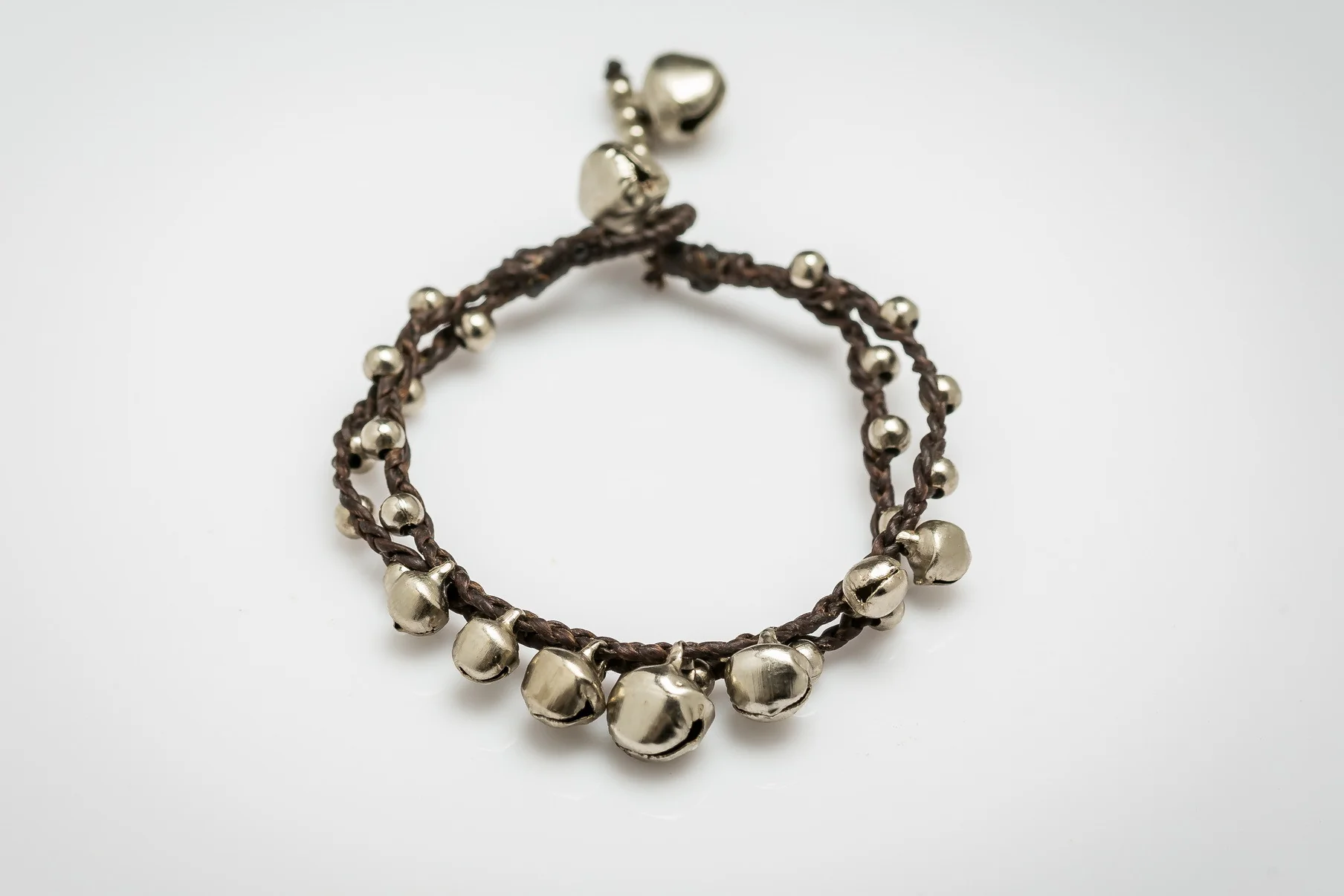 Silver Color Bell Waxed Cotton Bracelets in Chocolate