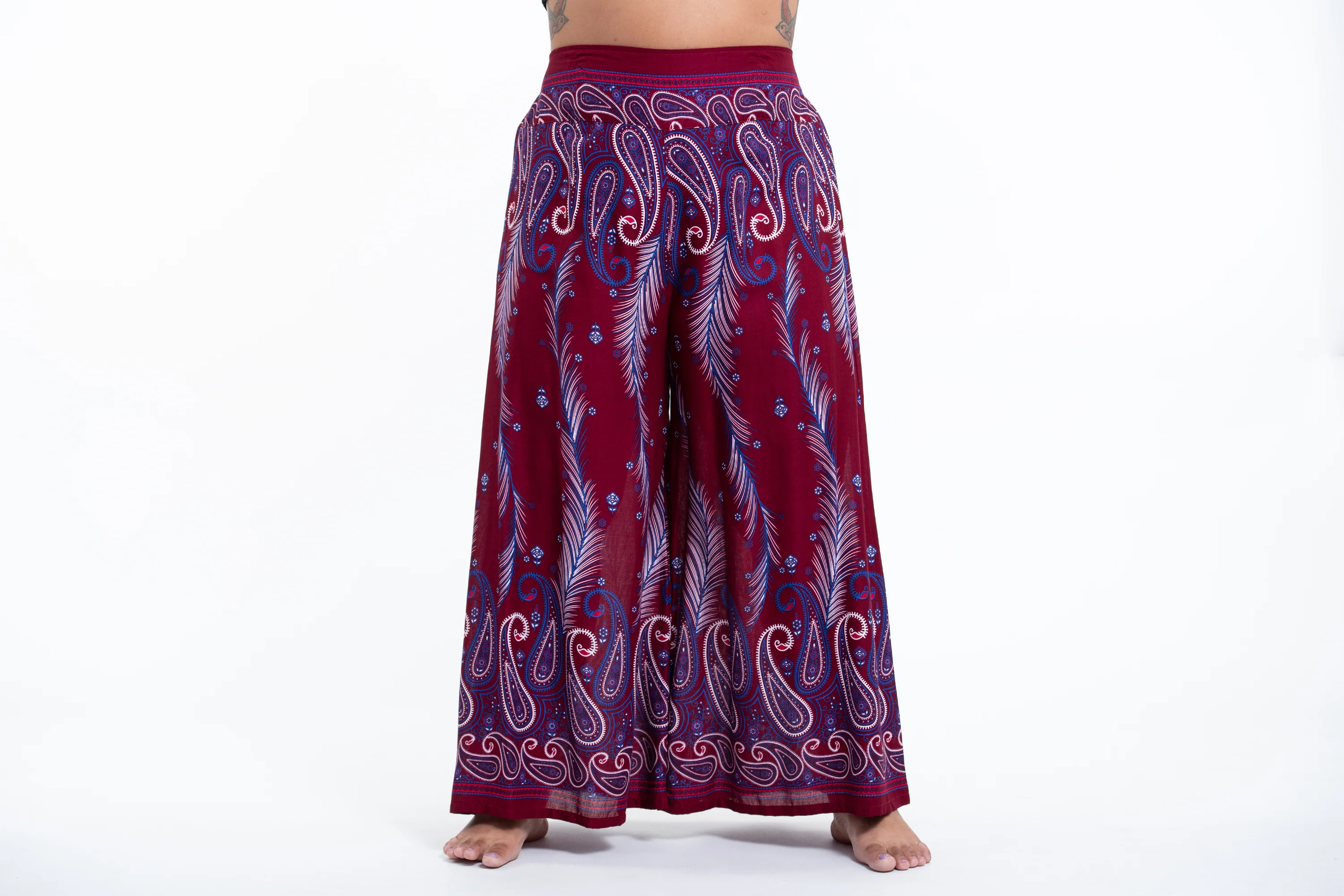 Plus Size Paisley Feathers Palazzo Style Harem Pants in Red
