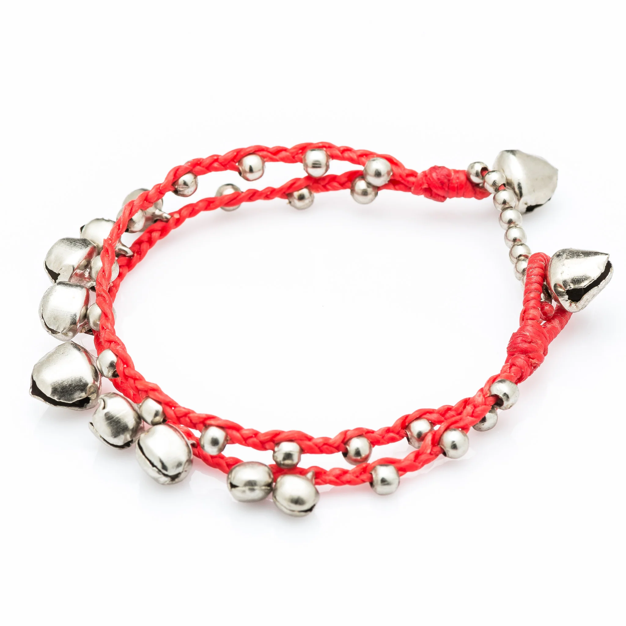 Silver Color Bell Waxed Cotton Bracelets in Red