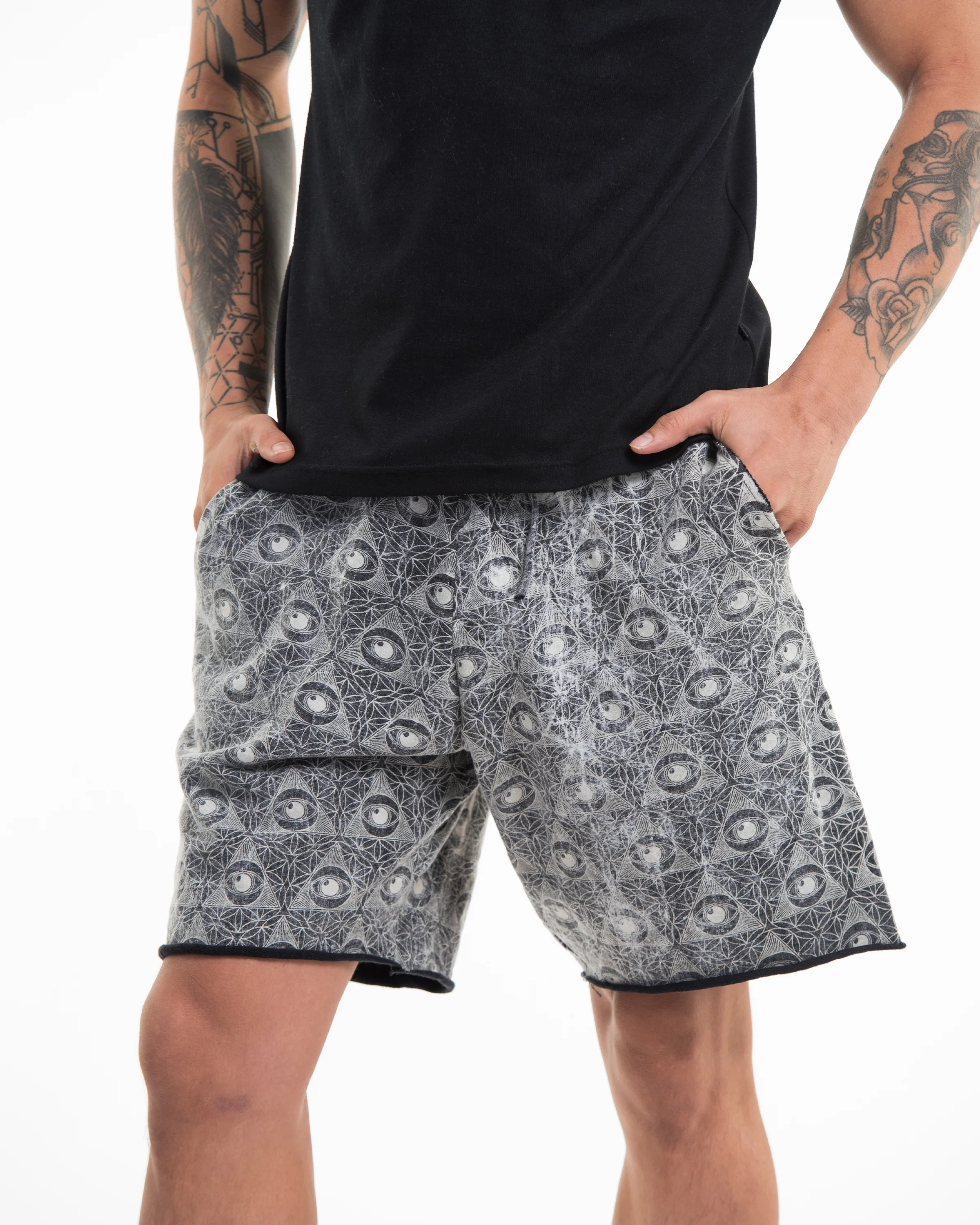 Unisex Pyramid Eye Stone Washed Shorts in Black