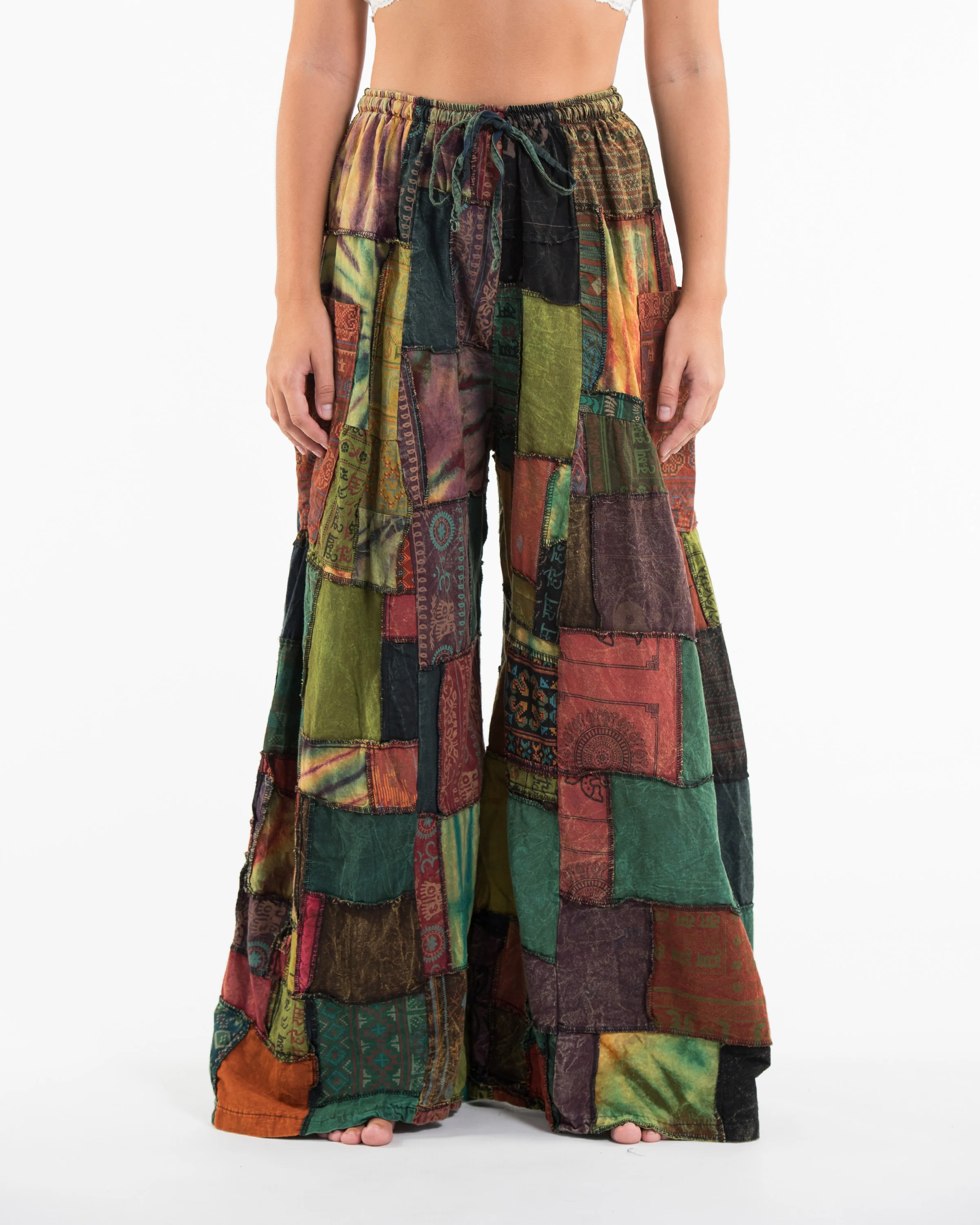 Women's Patchwork Stone Washed Wide Leg Cotton Pants in Dune