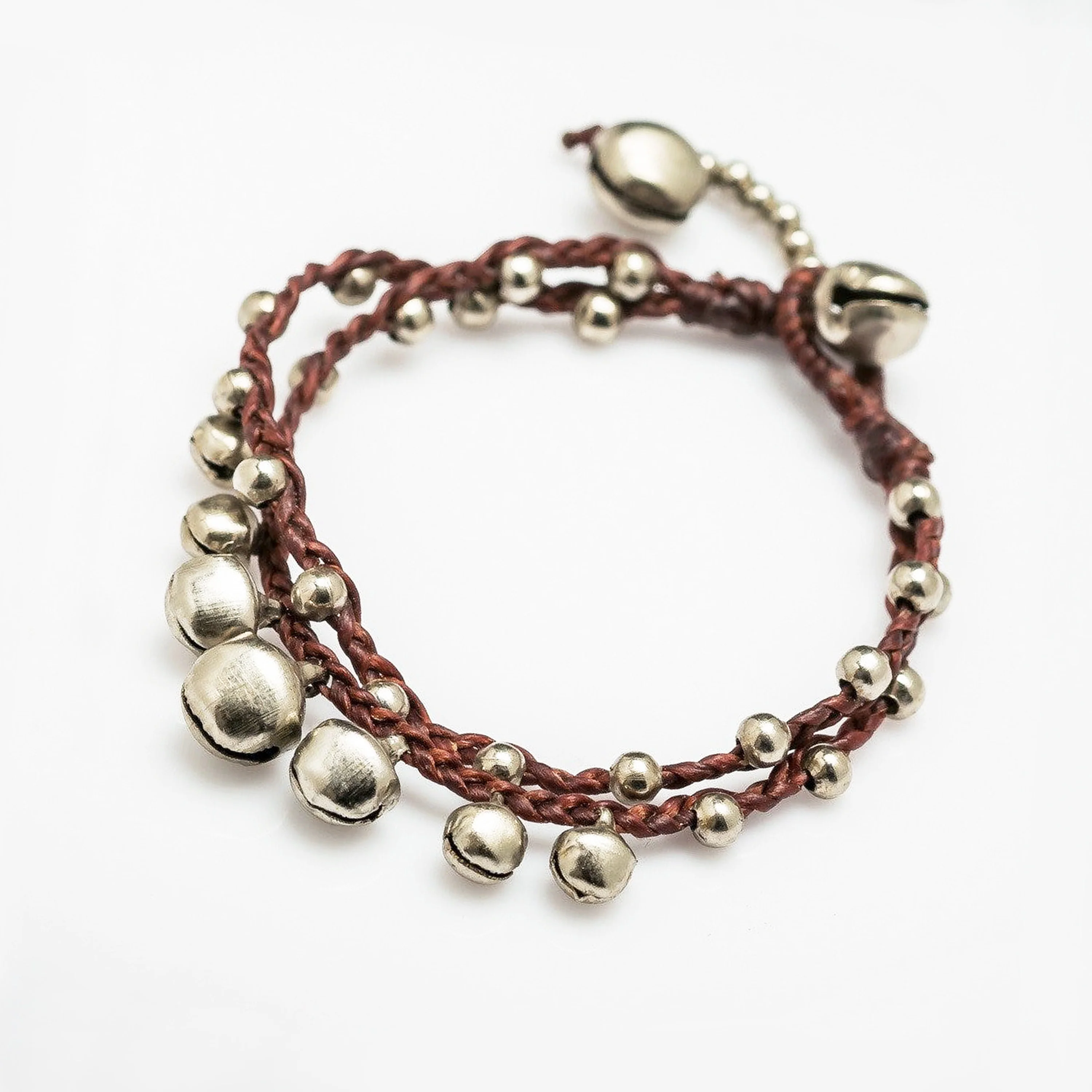 Silver Color Bell Waxed Cotton Bracelets in Brown