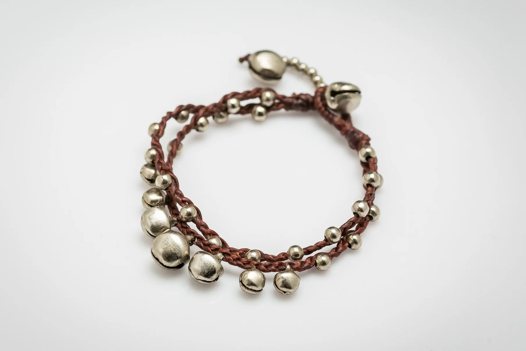 Silver Color Bell Waxed Cotton Bracelets in Brown