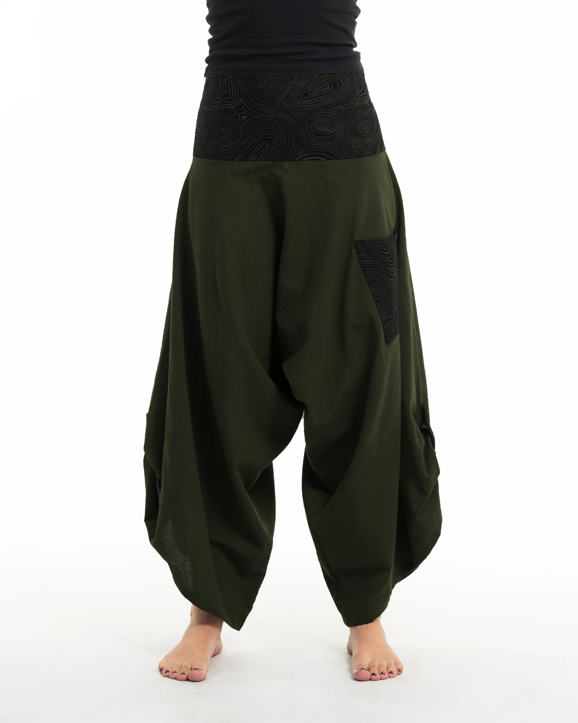 Women's Thai Button Up Cotton Pants with Hill Tribe Trim Dark Green