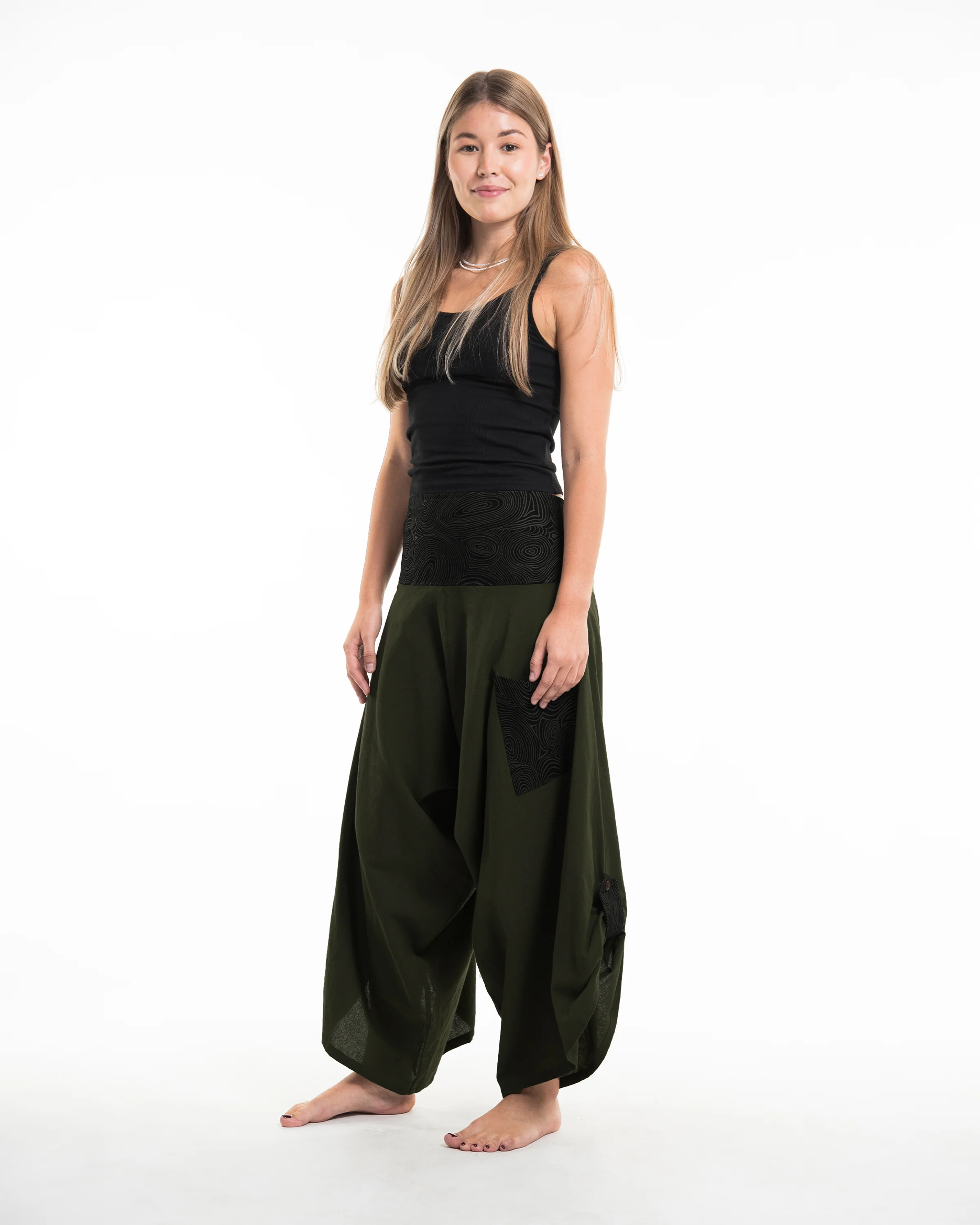 1773-Women-s-Thai-Button-Up-Cotton-Pants-with-Hill-Tribe-Trim-Dark-Green-3.webp Women's Thai Button Up Cotton Pants with Hill Tribe Trim Dark Green