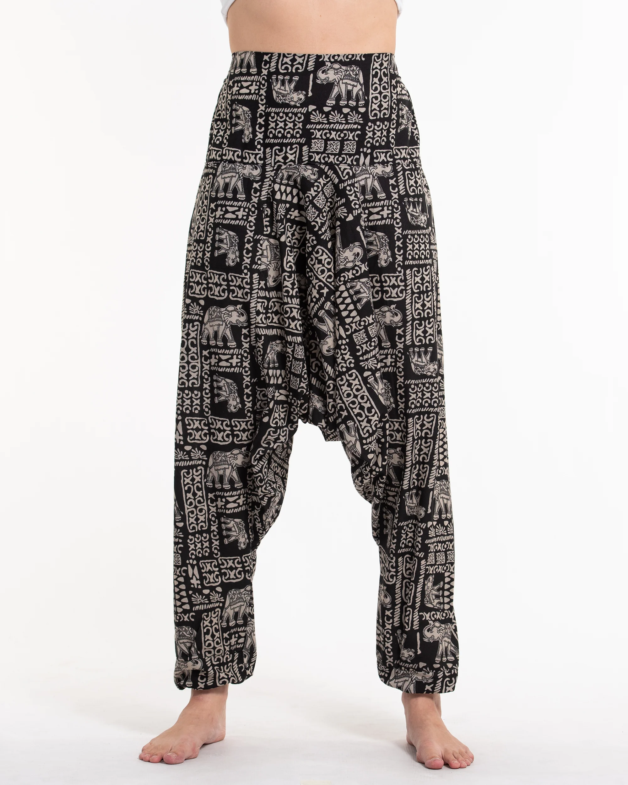 Hill Tribe Elephant Print Women's Harem Pants in Black
