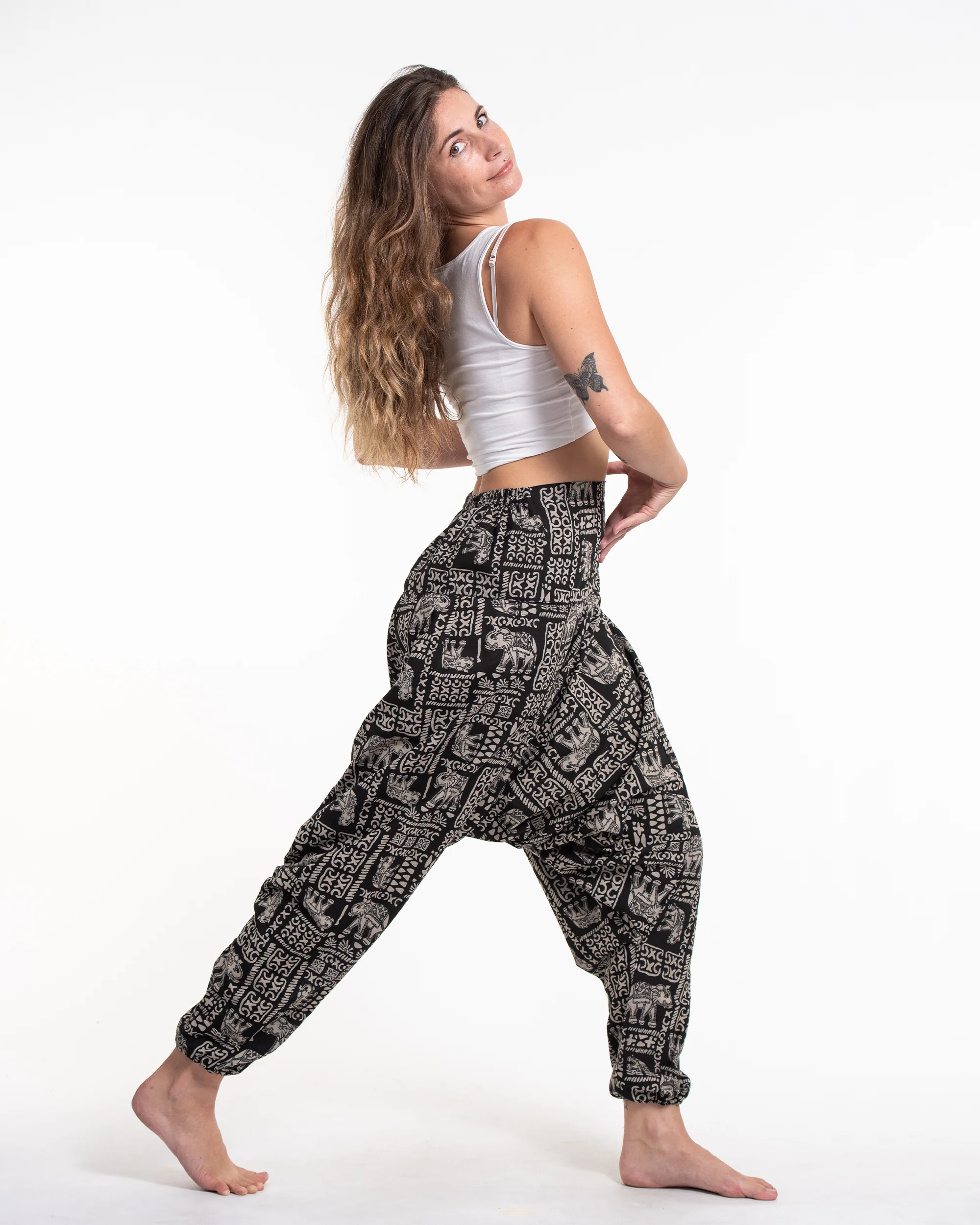 1775-Hill-Tribe-Elephant-Print-Women-s-Harem-Pants-in-Black-3.webp Hill Tribe Elephant Print Women's Harem Pants in Black