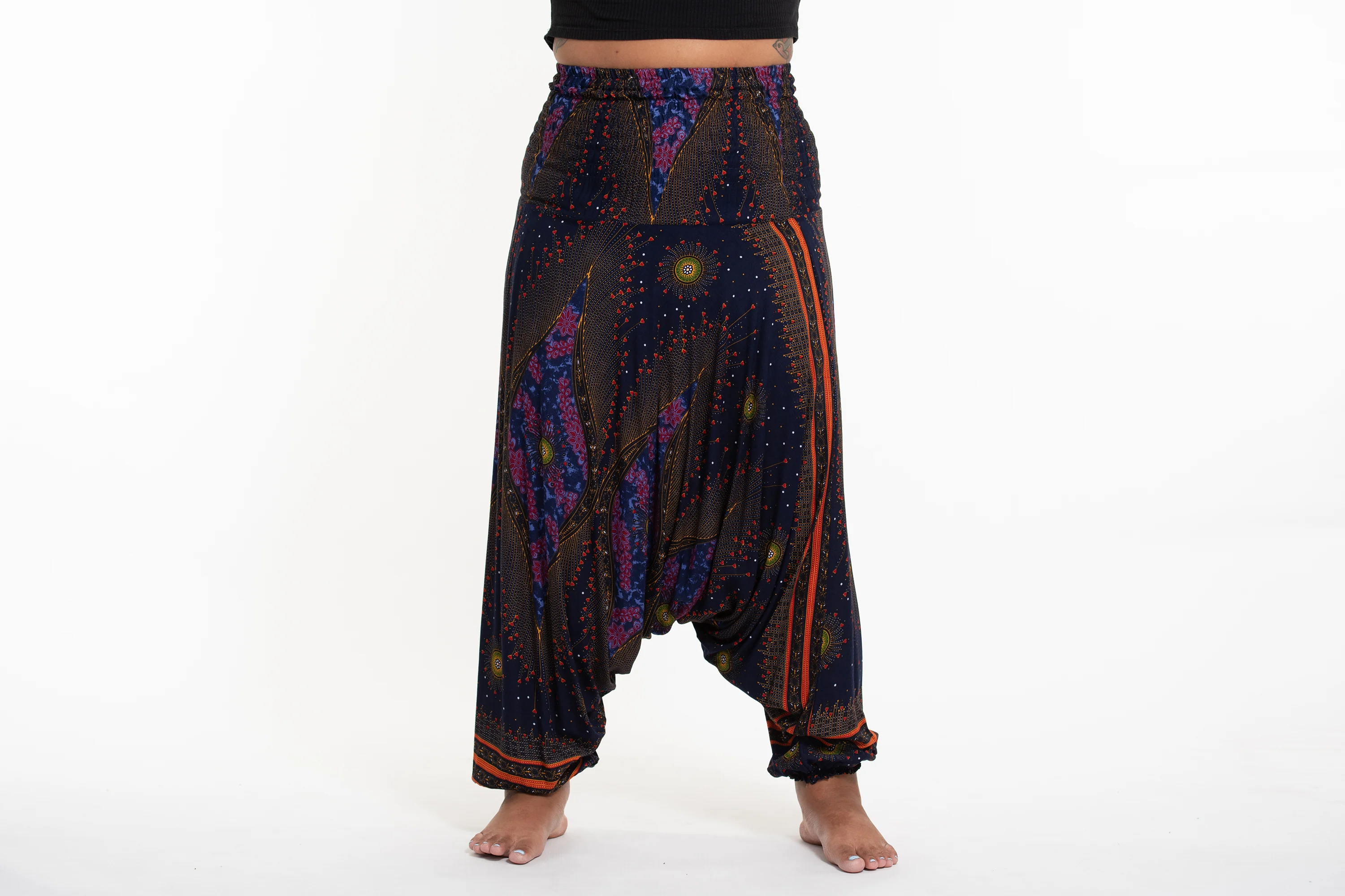 Plus Size Peacock Eyes 2-in-1 Jumpsuit Harem Pants in Navy