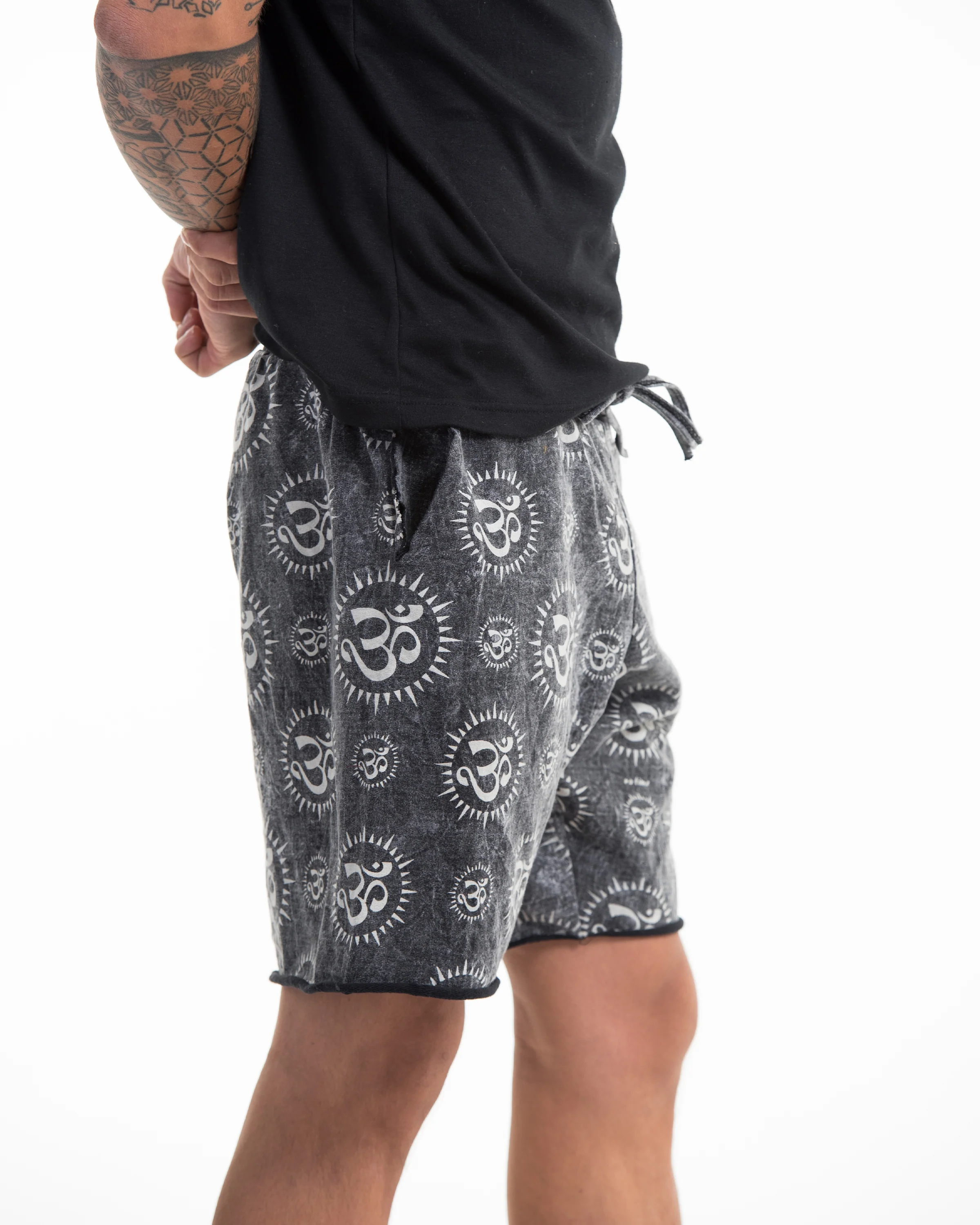Unisex Om Stone Washed Shorts in Black