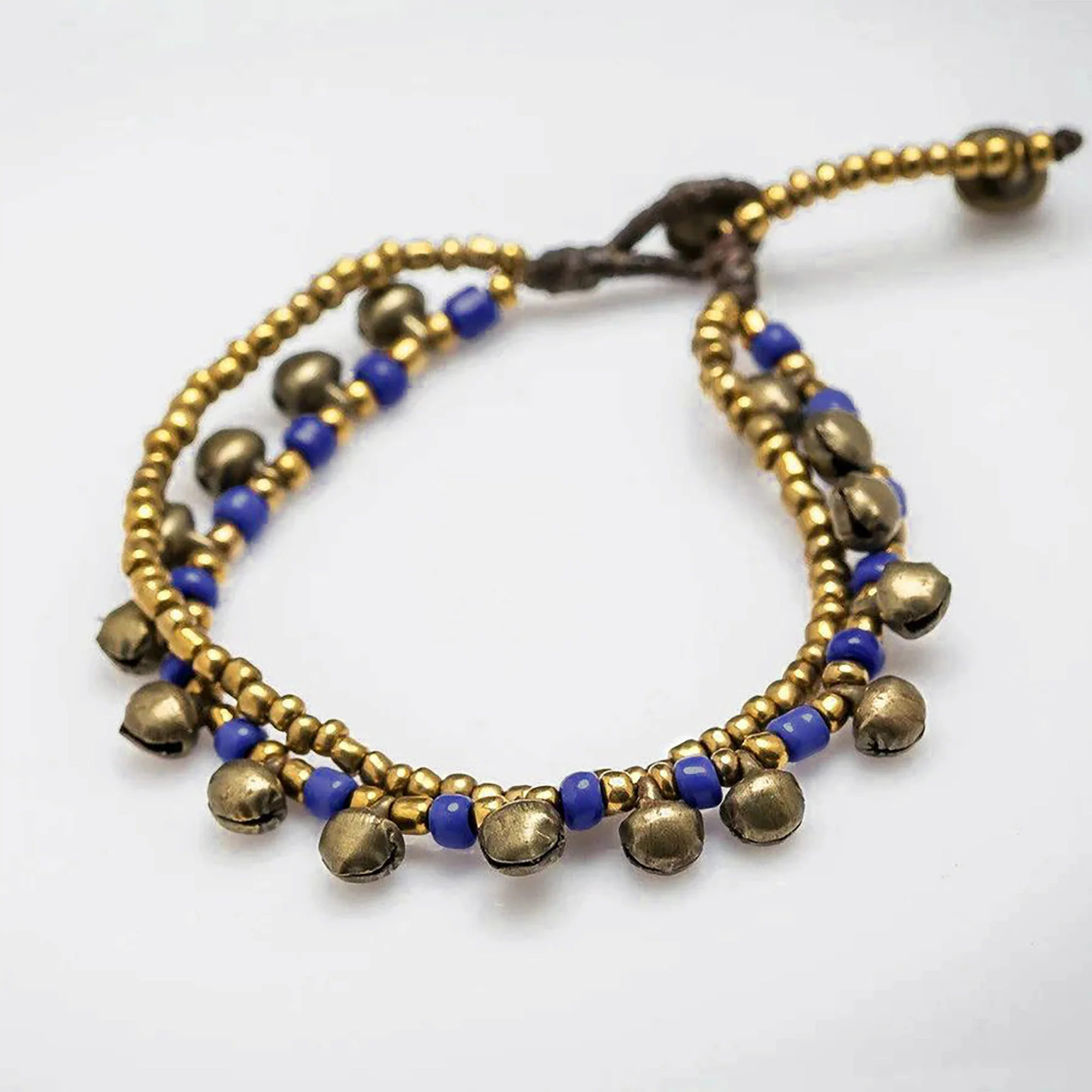 Brass Bell And Blue Bead Double Strand Bracelets