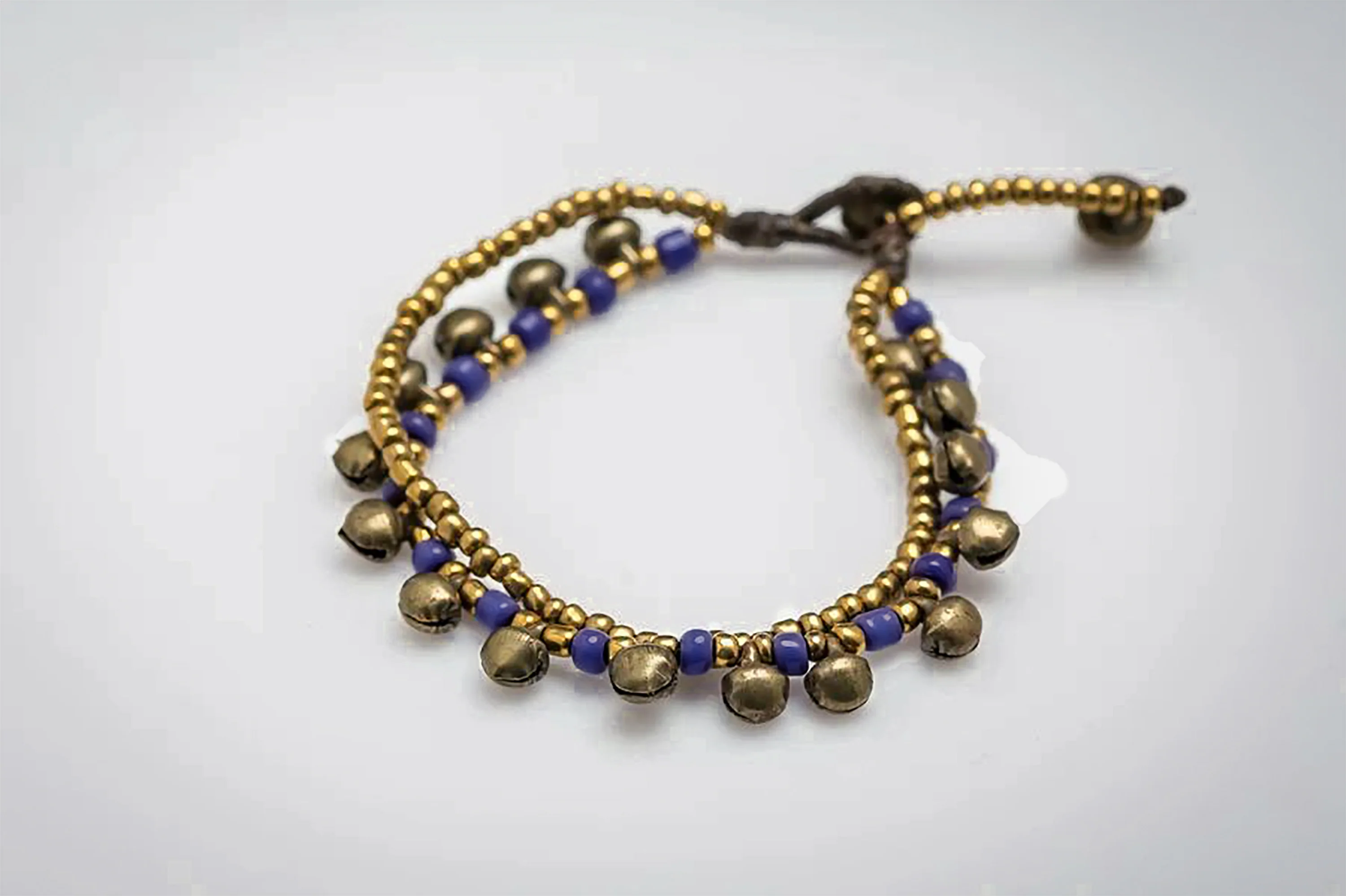 Brass Bell And Blue Bead Double Strand Bracelets