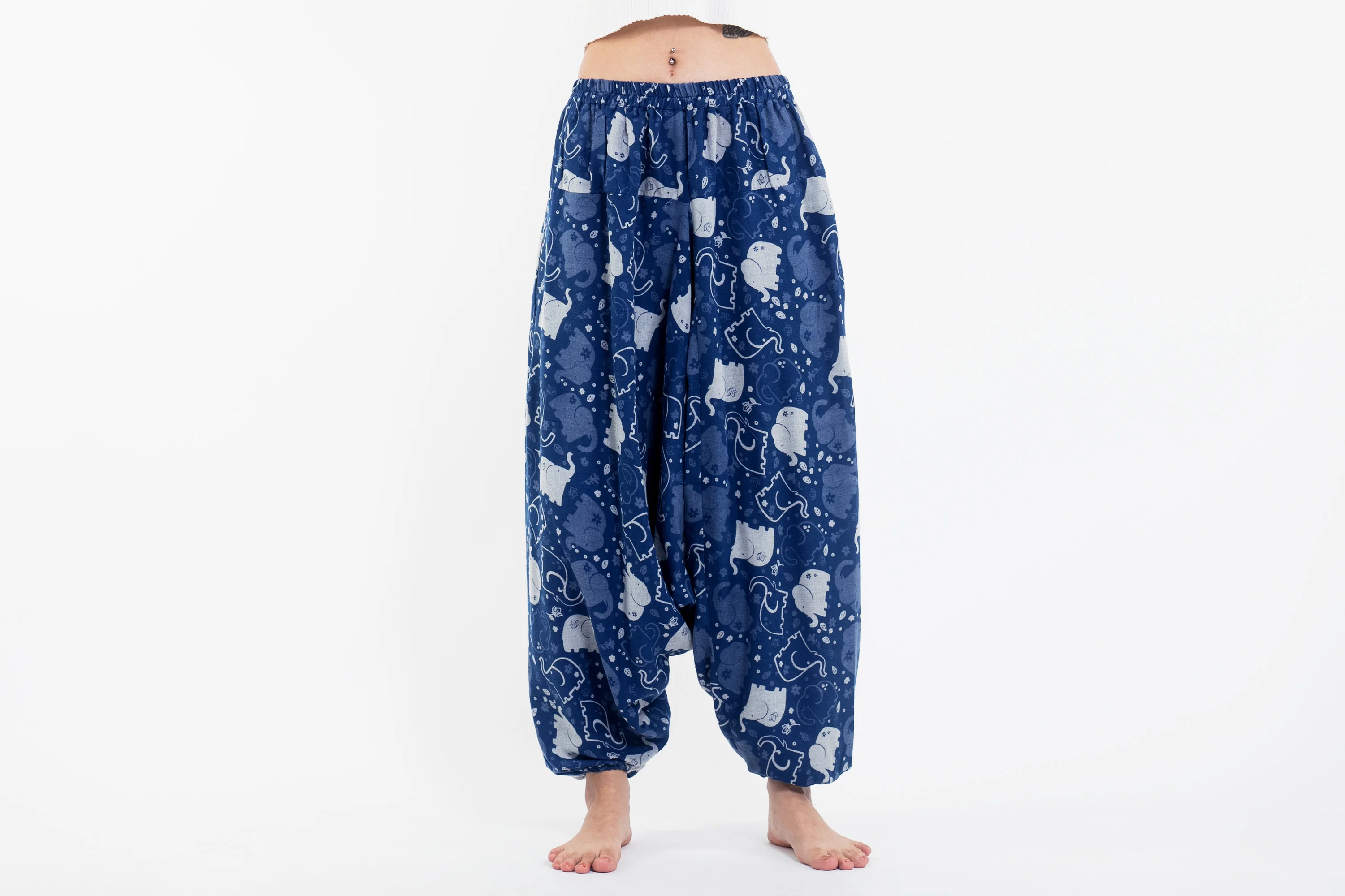 Elephant Prints Women's Low Cut Cotton Harem Pants in Indigo