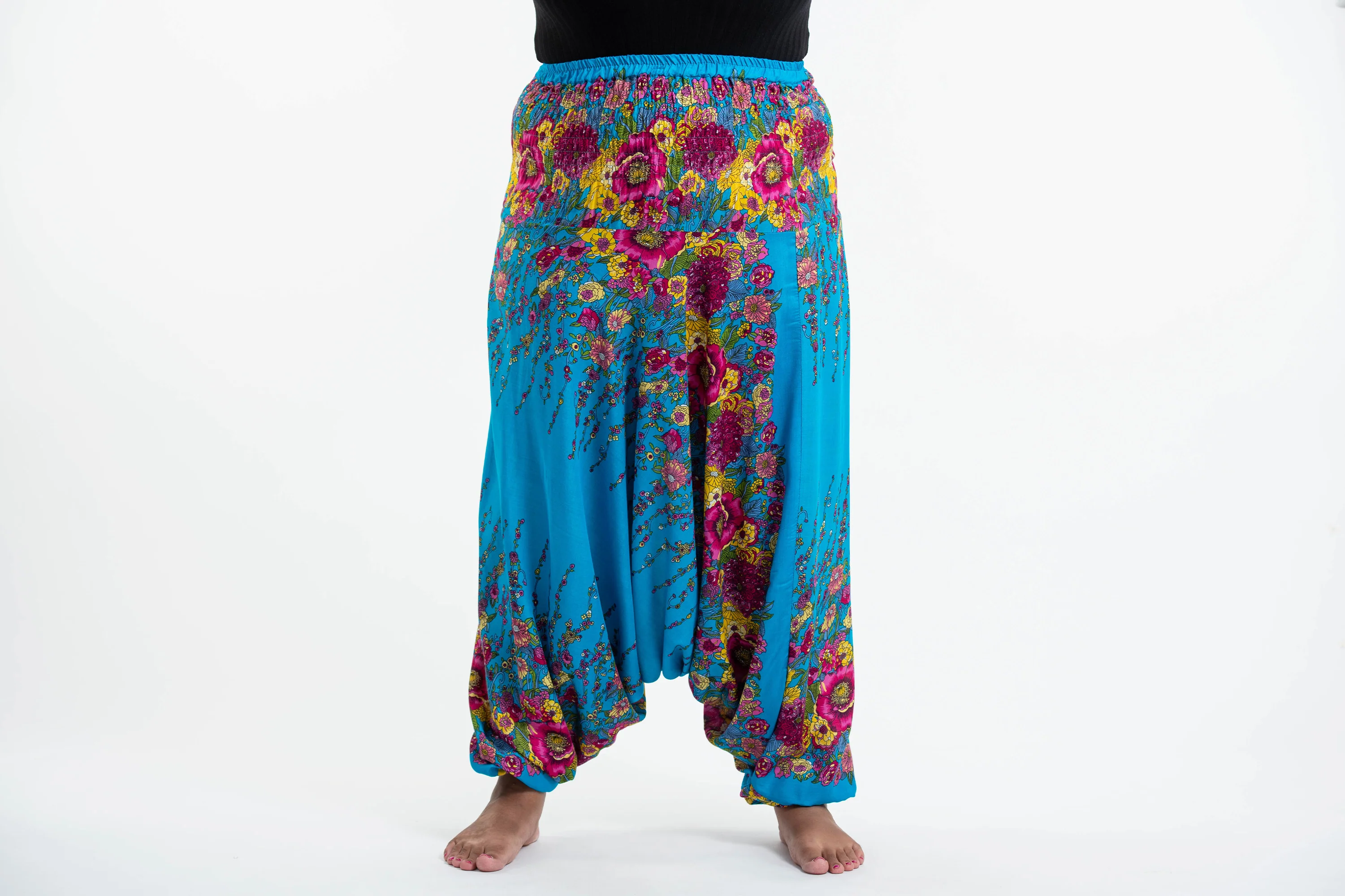 Plus Size Floral 2-in-1 Jumpsuit Harem Pants in Ocean Blue