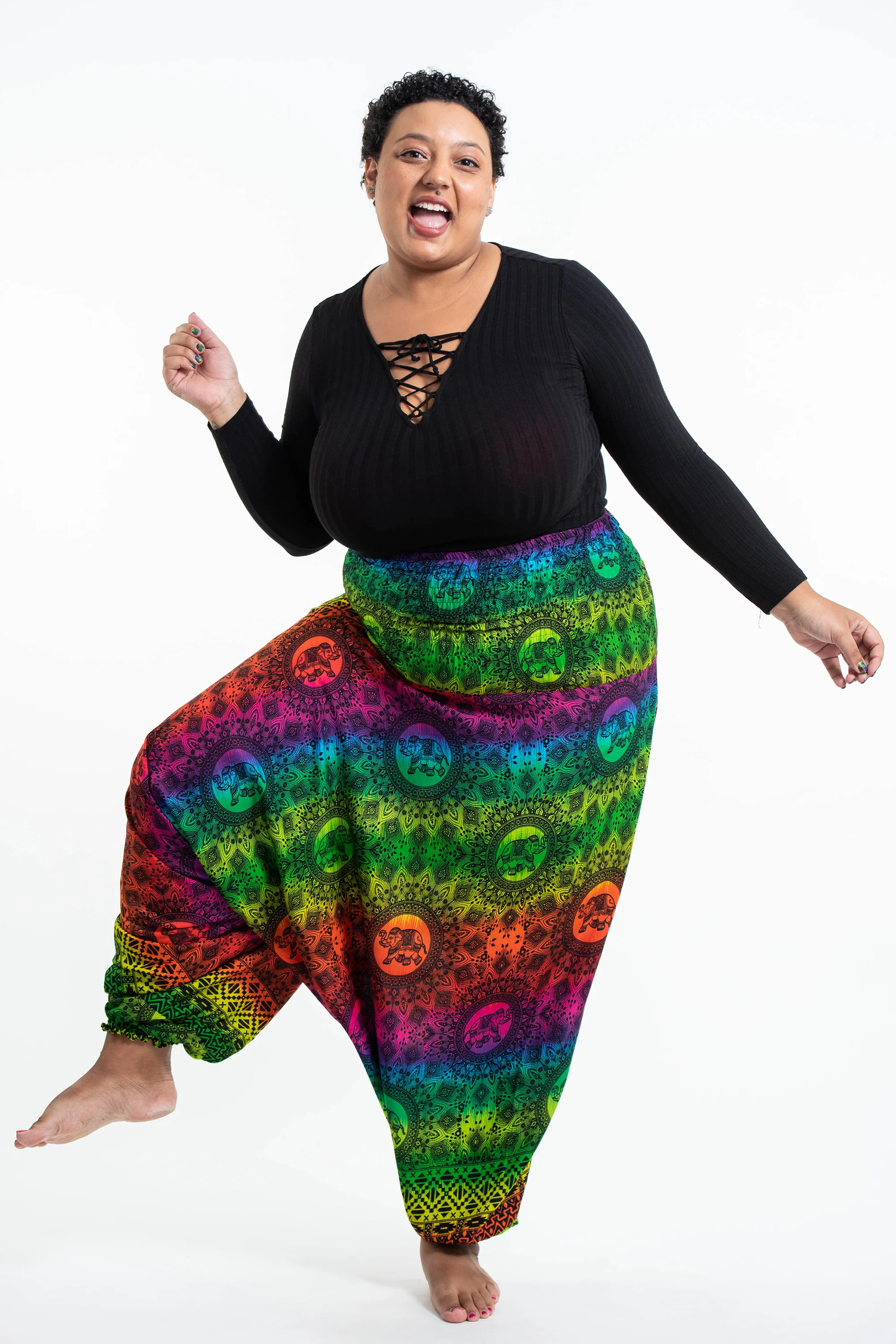 Plus Size Rainbow Elephant 2-in-1 Jumpsuit Elephant Pants in Green