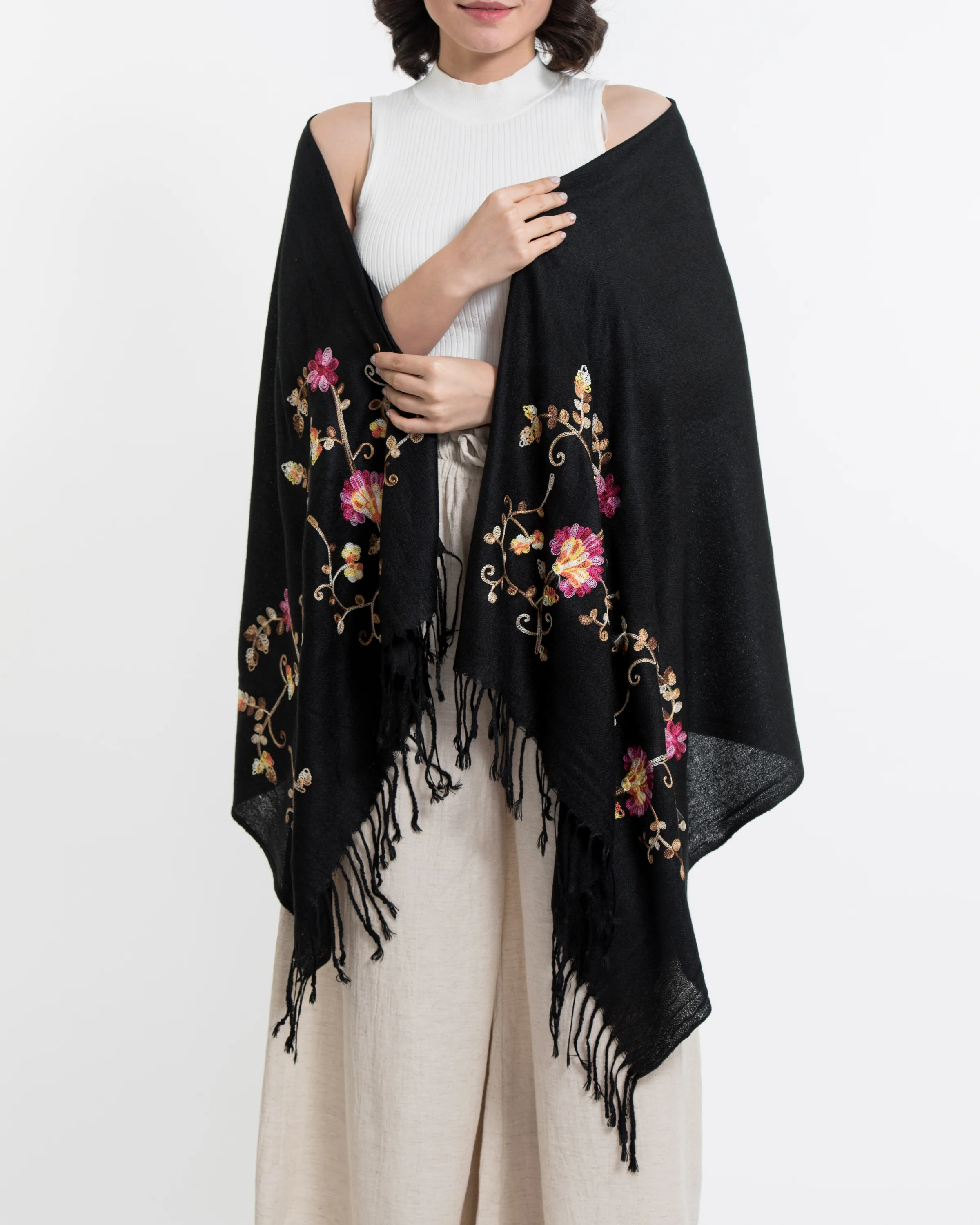 Nepal Floral Embroidered Pashmina Shawl Scarf in Black
