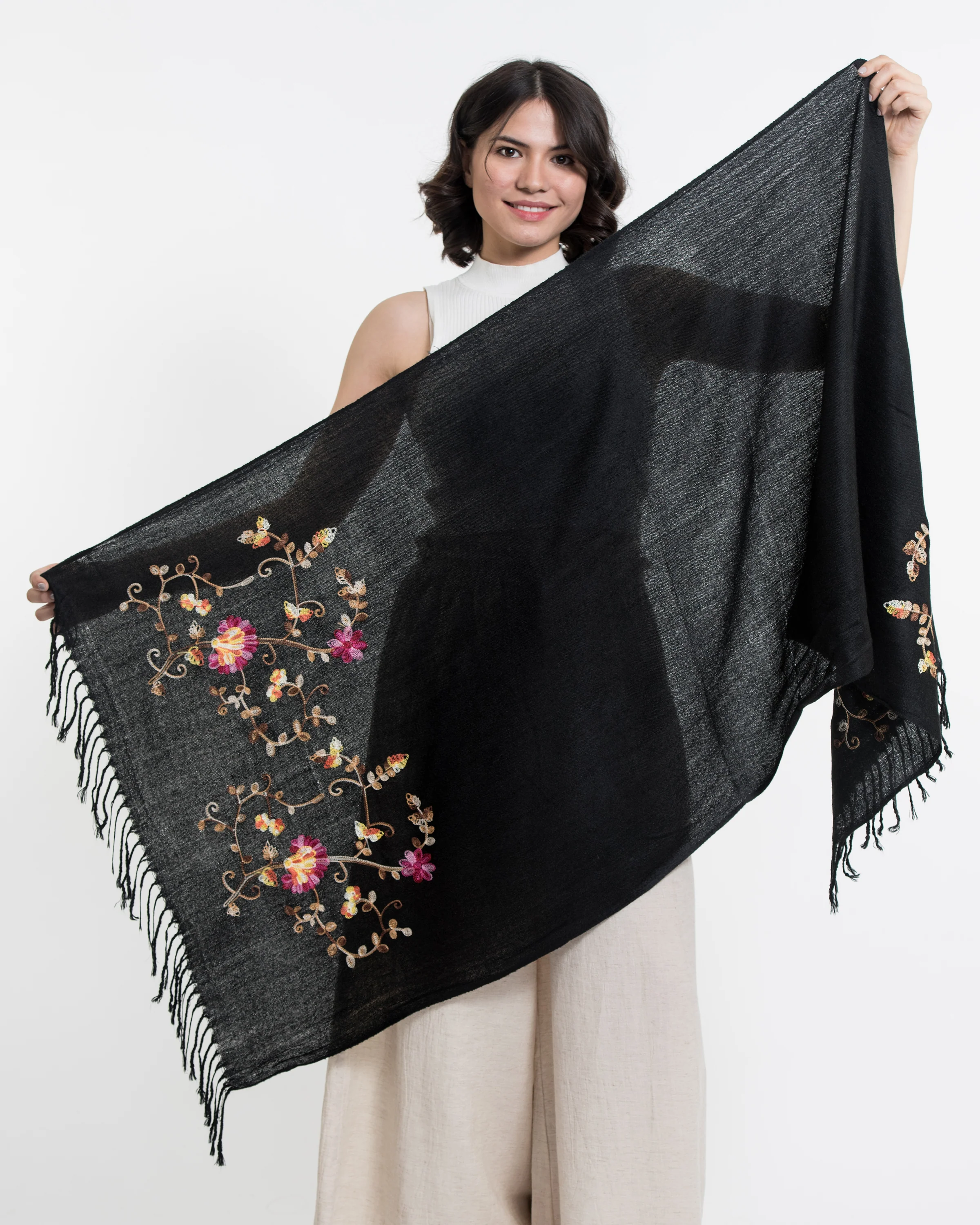 Nepal Floral Embroidered Pashmina Shawl Scarf in Black