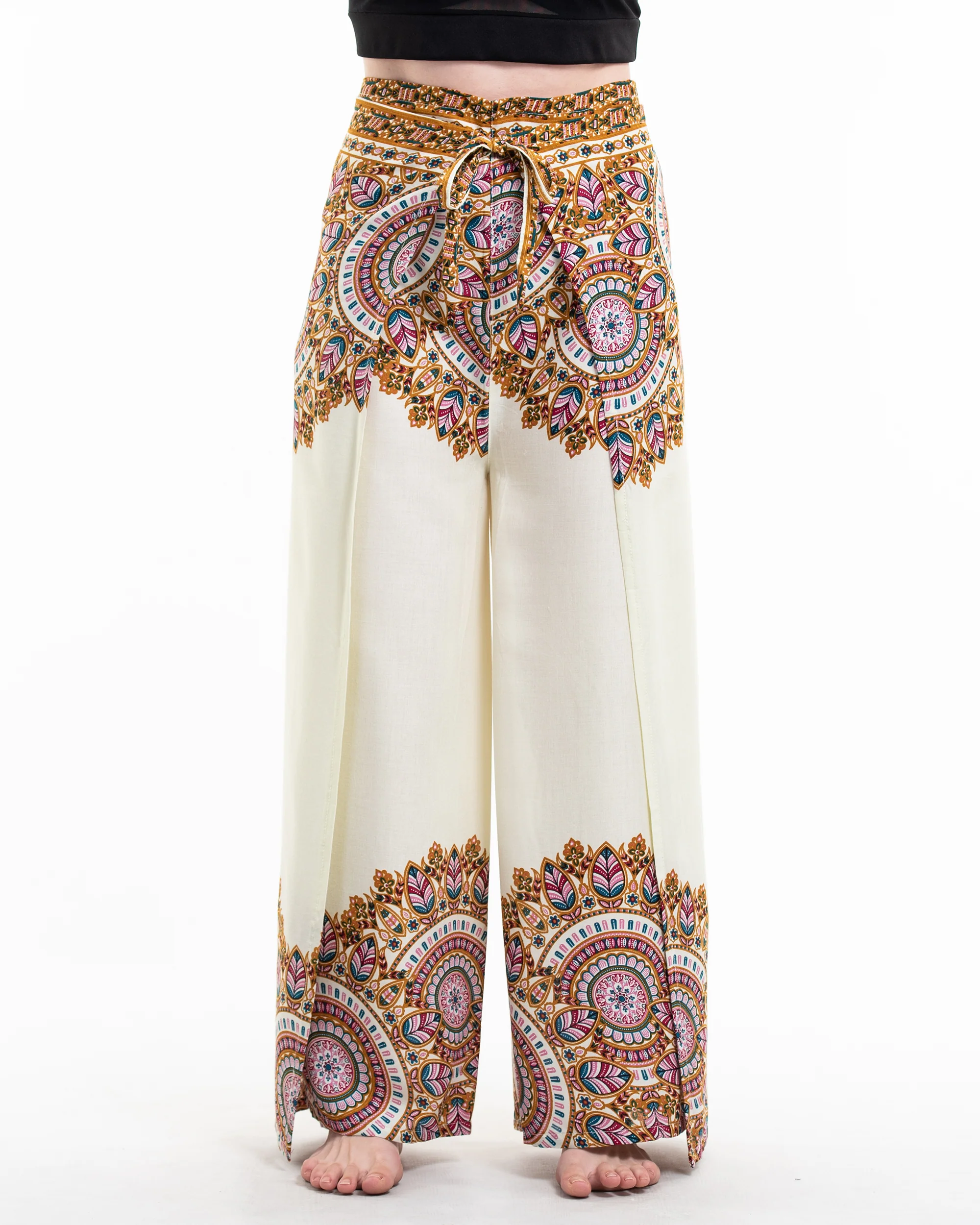 Feather Mandalas Wrap Palazzo Style Harem Pants in Cream