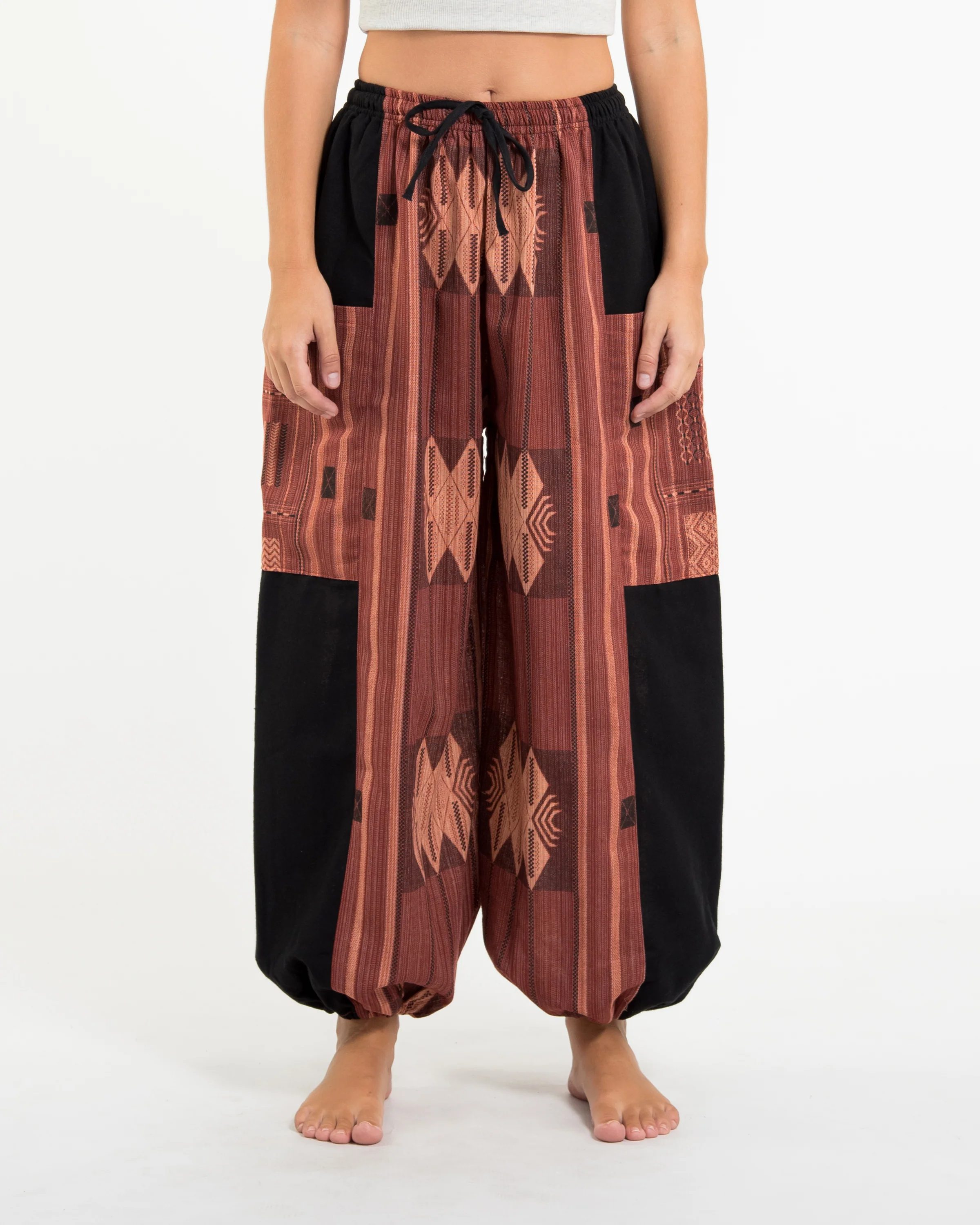 Two Tone Thai Hill Tribe Fabric Women's Cotton Pants in Brick