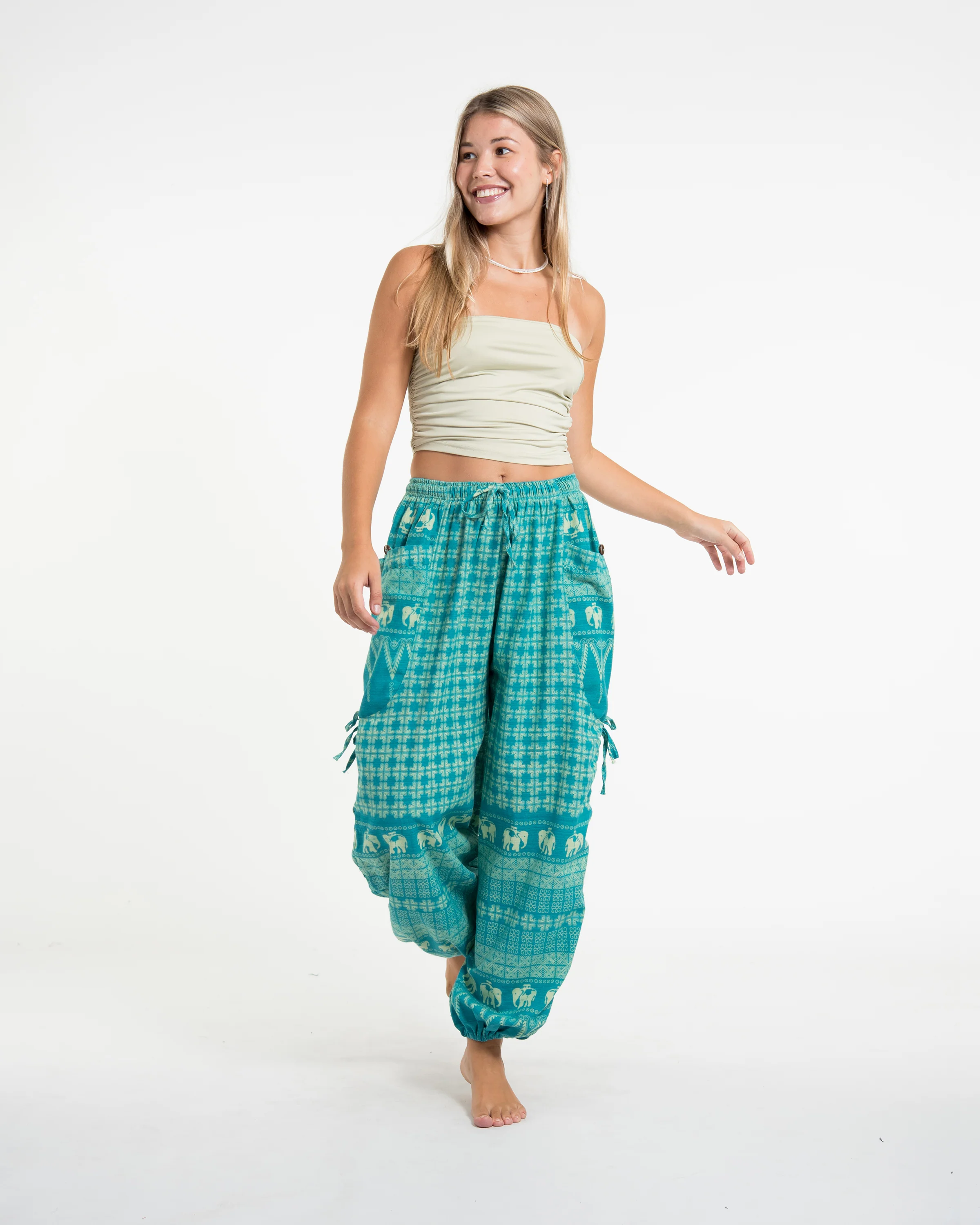 Women's Hill Tribe Cotton Elephant Pants in Turquoise