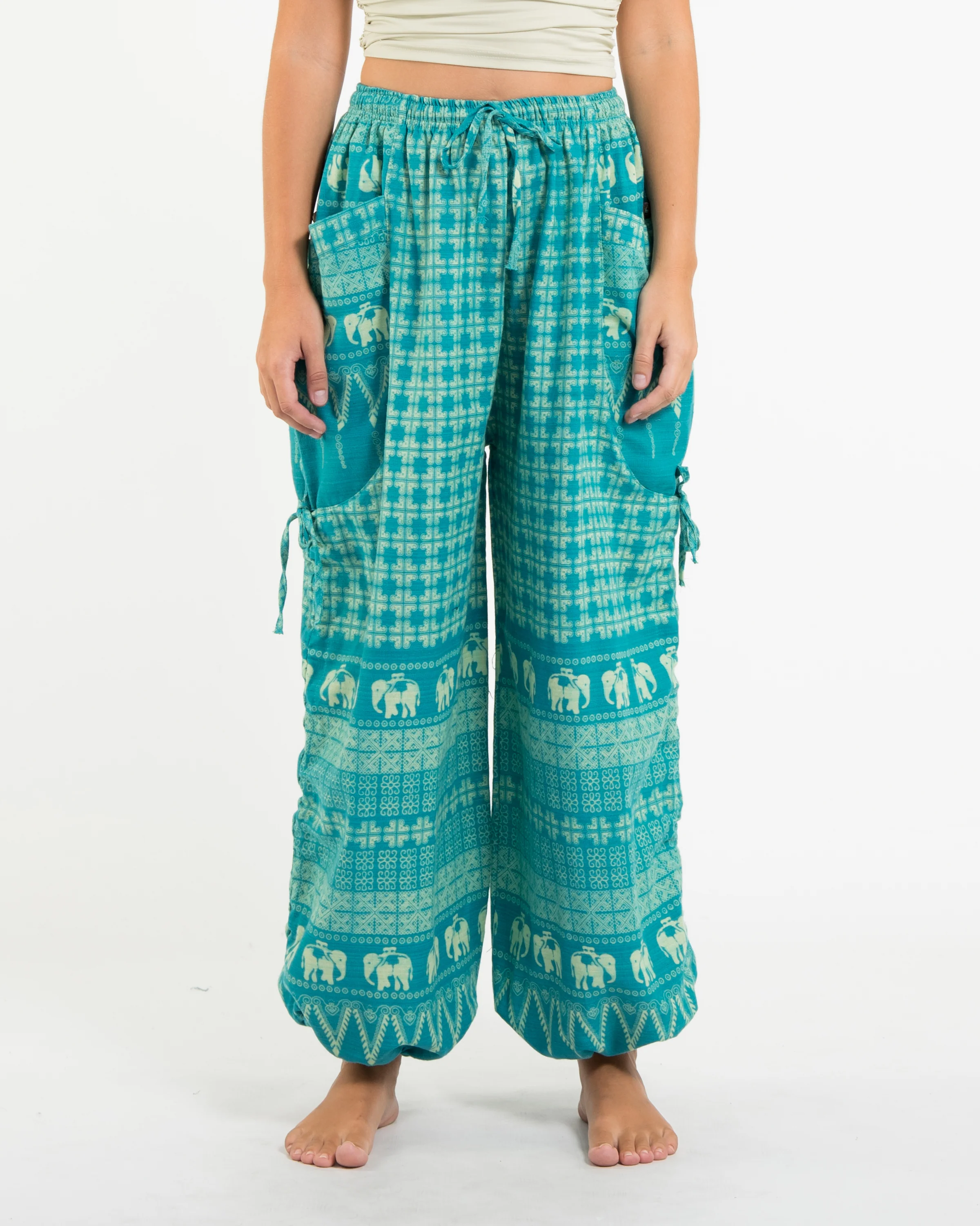 Women's Hill Tribe Cotton Elephant Pants in Turquoise