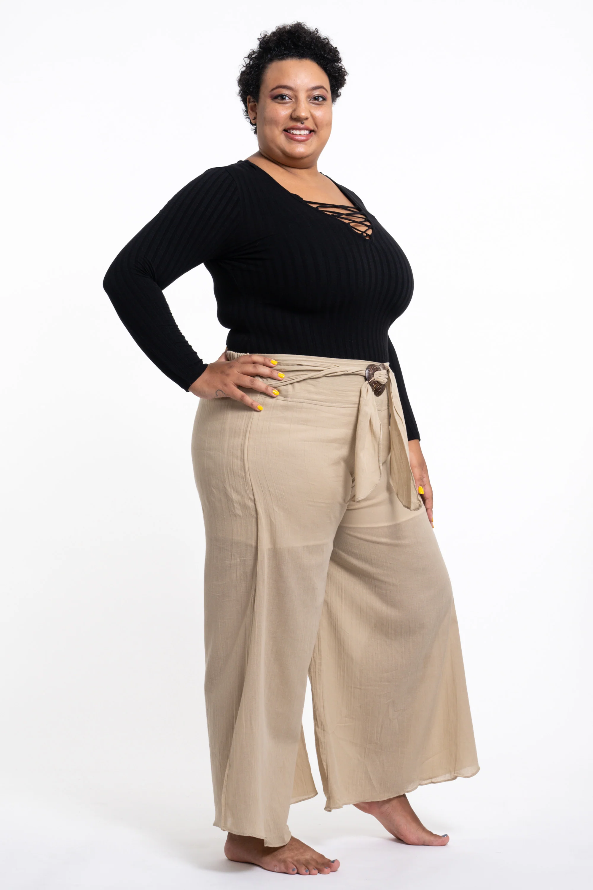 1813-Plus-Size-Women-s-Thai-Harem-Palazzo-Pants-in-Solid-Tan-3.webp Plus Size Women's Thai Harem Palazzo Pants in Solid Tan