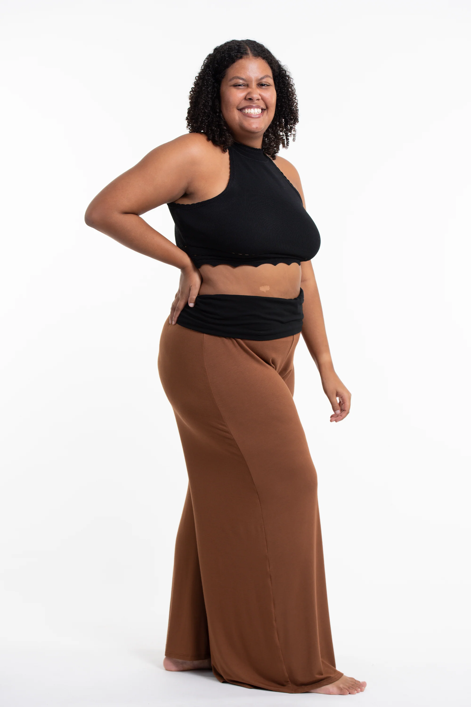 1815-Plus-Size-Wide-Leg-Palazzo-Harem-Pants-Cotton-Spandex-in-Solid-Brown-3.webp Plus Size Wide Leg Palazzo Harem Pants Cotton Spandex in Solid Brown