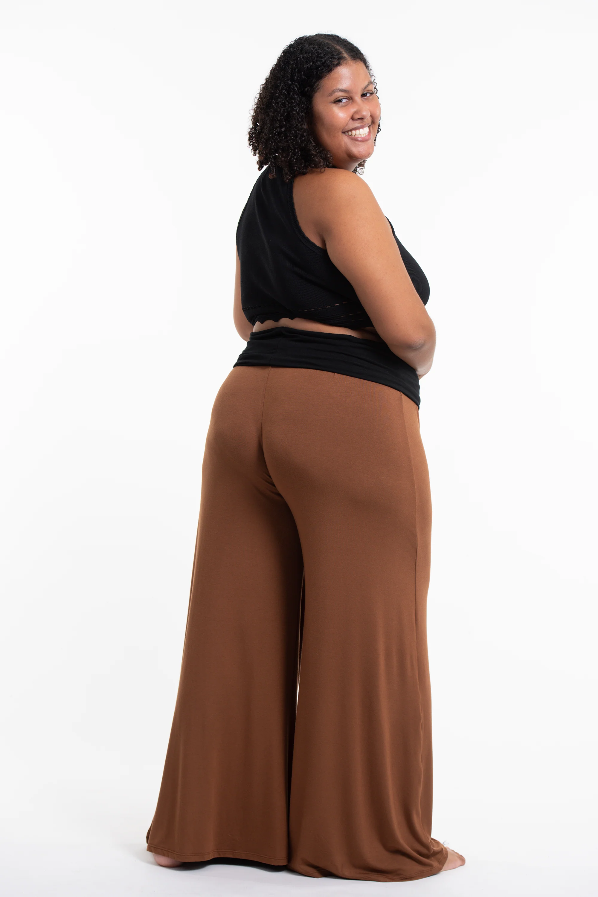 1815-Plus-Size-Wide-Leg-Palazzo-Harem-Pants-Cotton-Spandex-in-Solid-Brown-4.webp Plus Size Wide Leg Palazzo Harem Pants Cotton Spandex in Solid Brown
