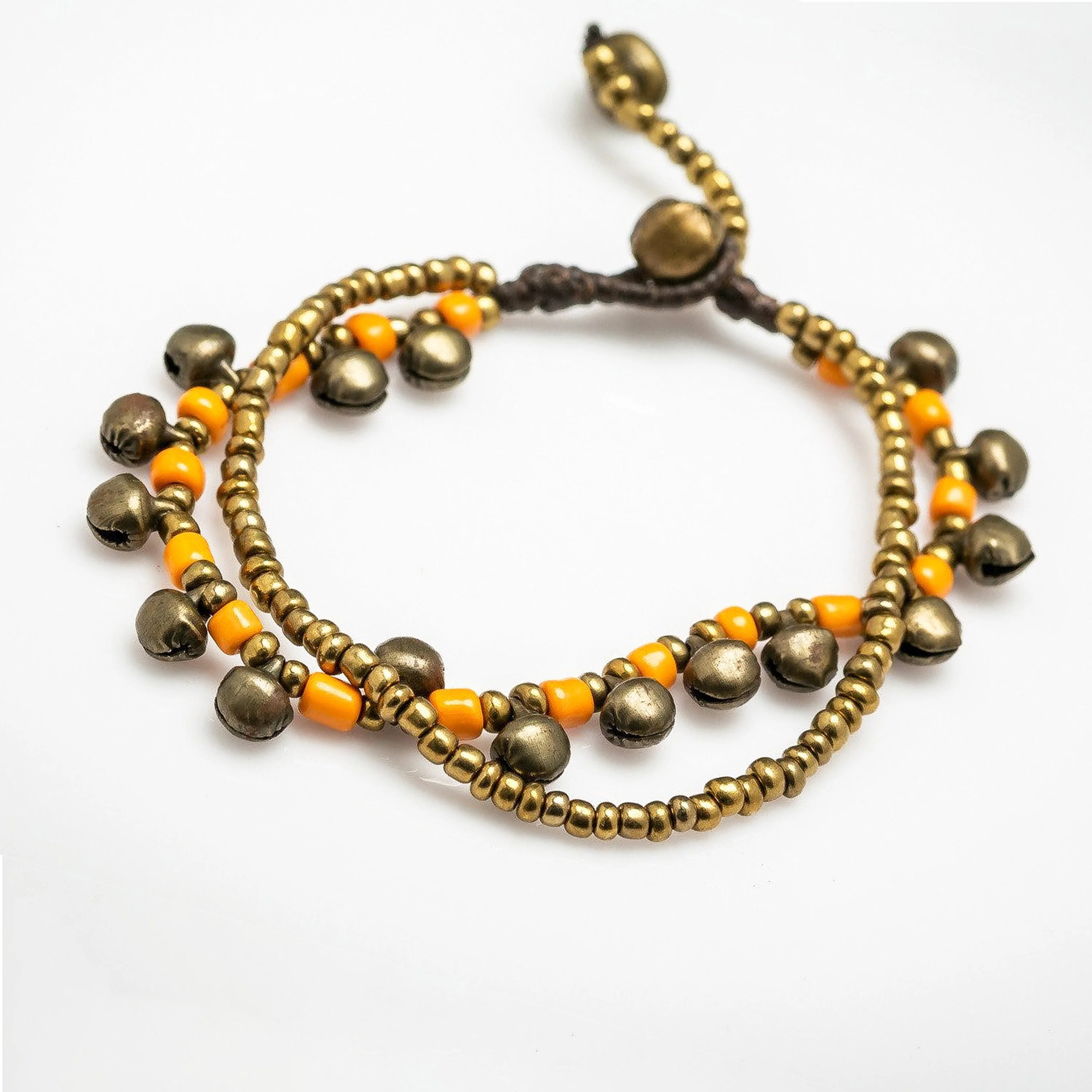Brass Bell And Orange Bead Double Strand Bracelets