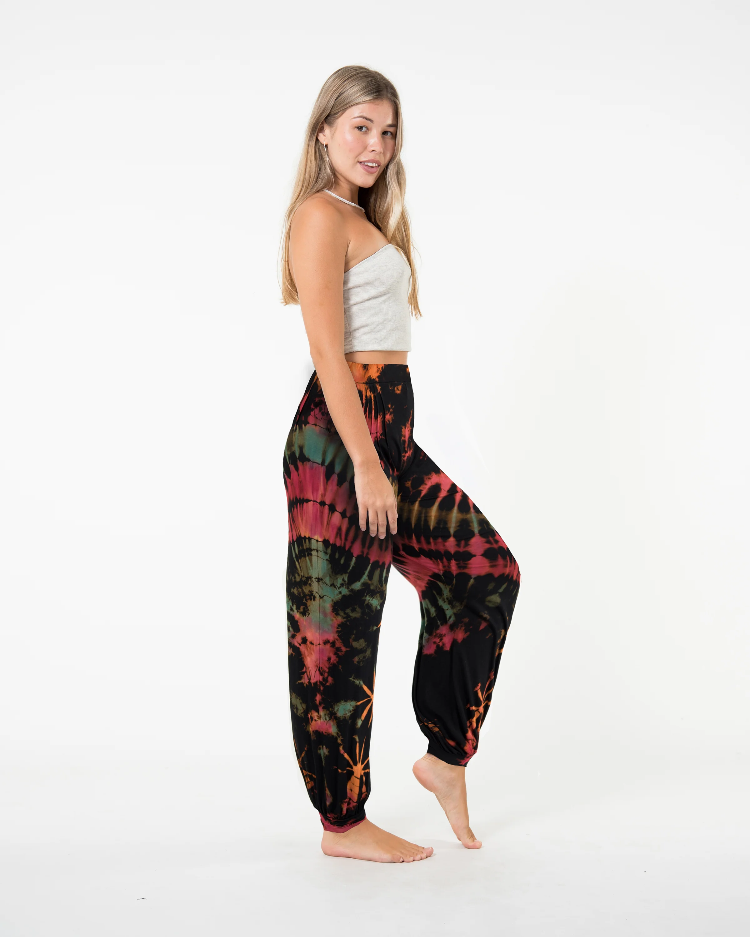 Tie Dye Cotton Women Harem Pants in Black Pink