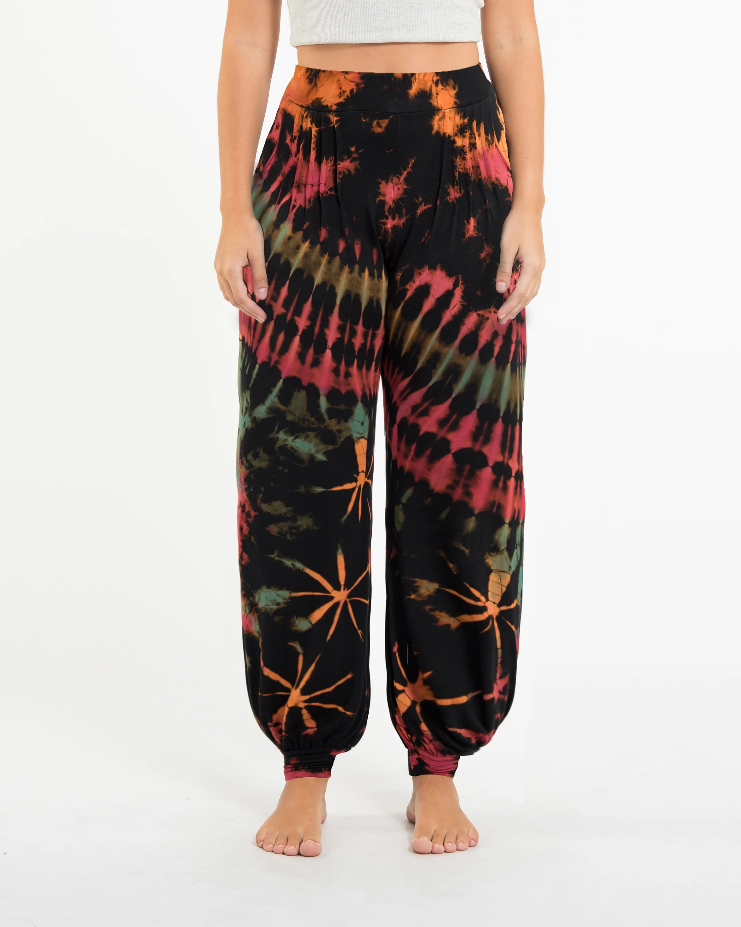 Tie Dye Cotton Women Harem Pants in Black Pink