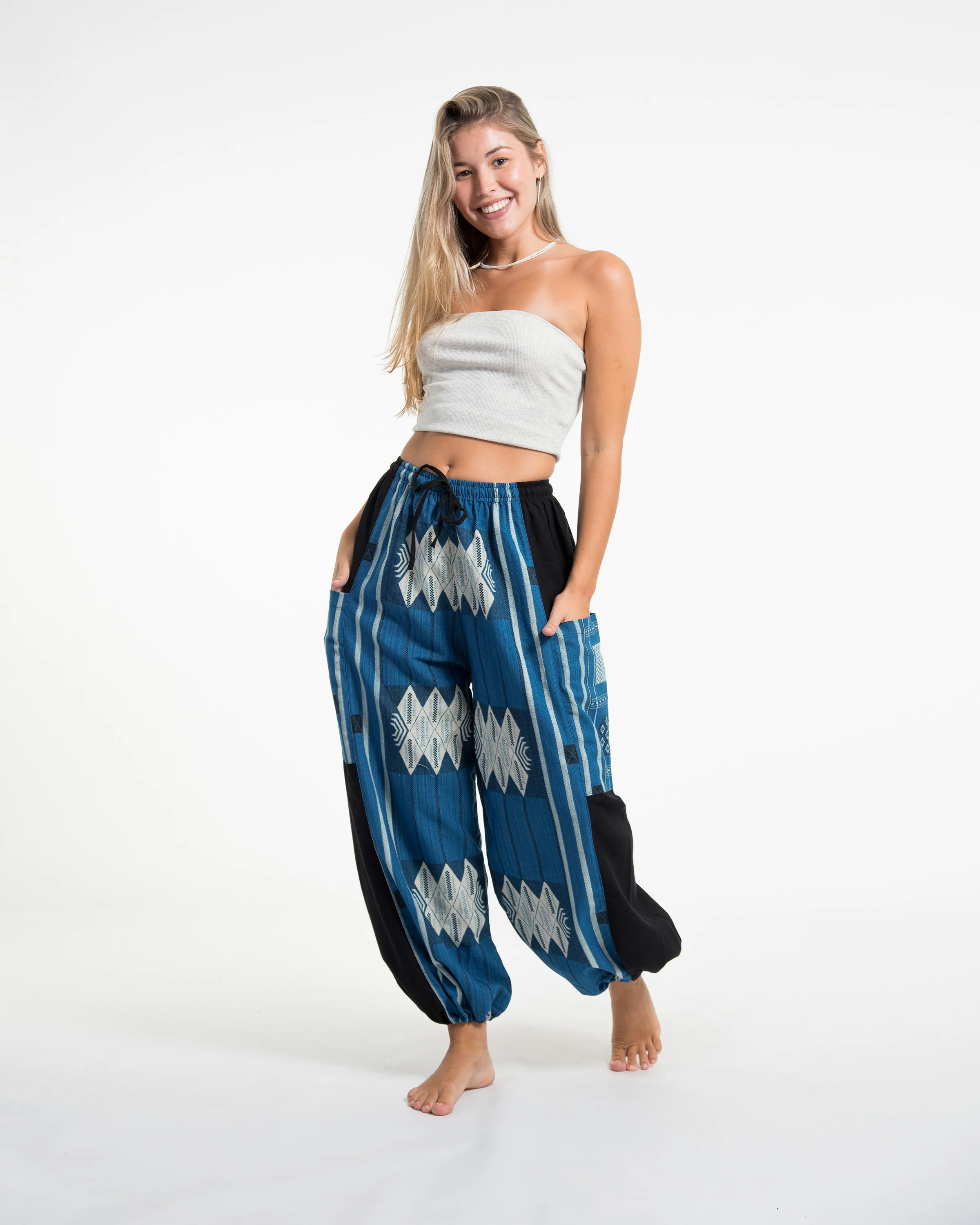 Two Tone Thai Hill Tribe Fabric Women's Cotton Pants in Blue
