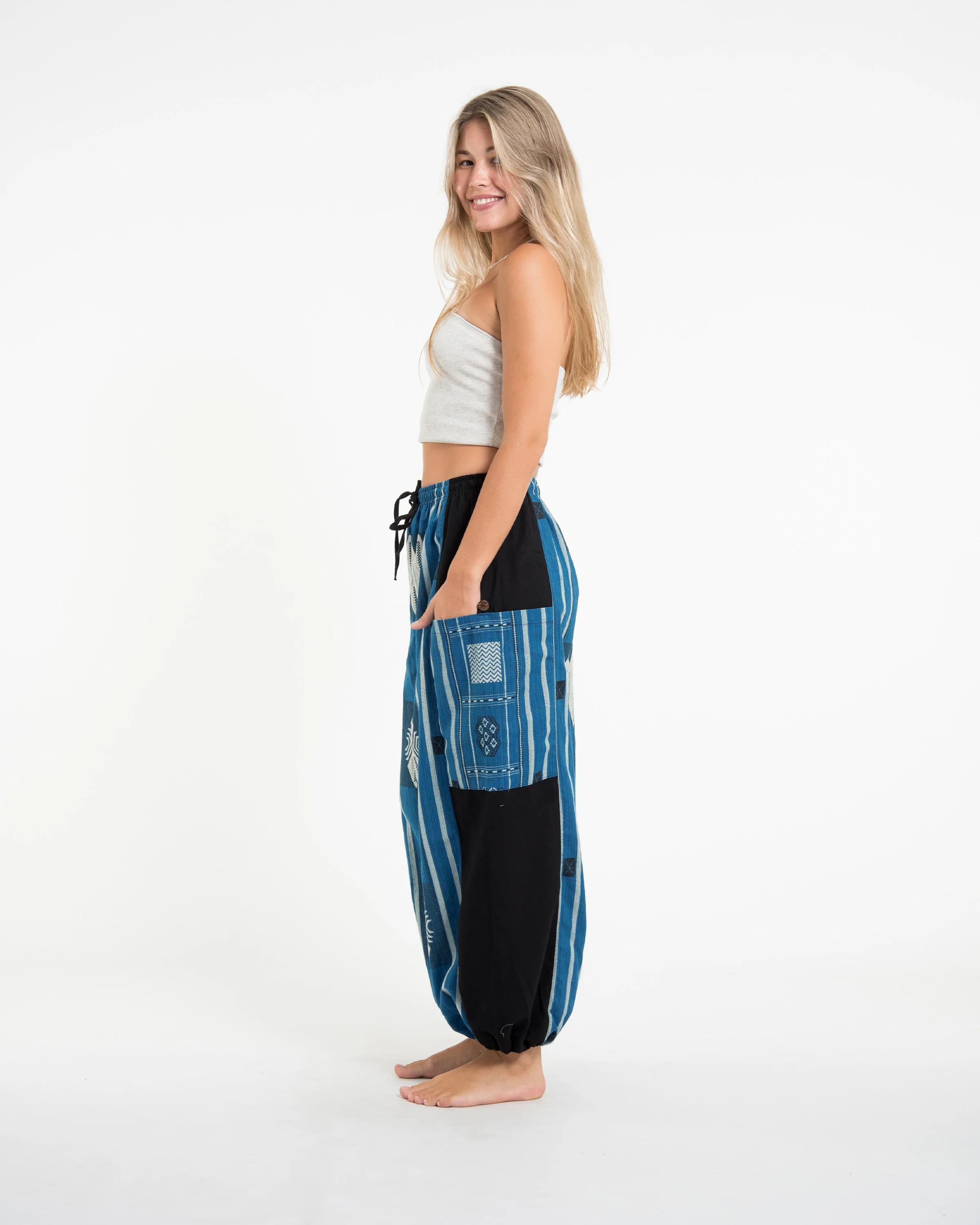 Two Tone Thai Hill Tribe Fabric Women's Cotton Pants in Blue