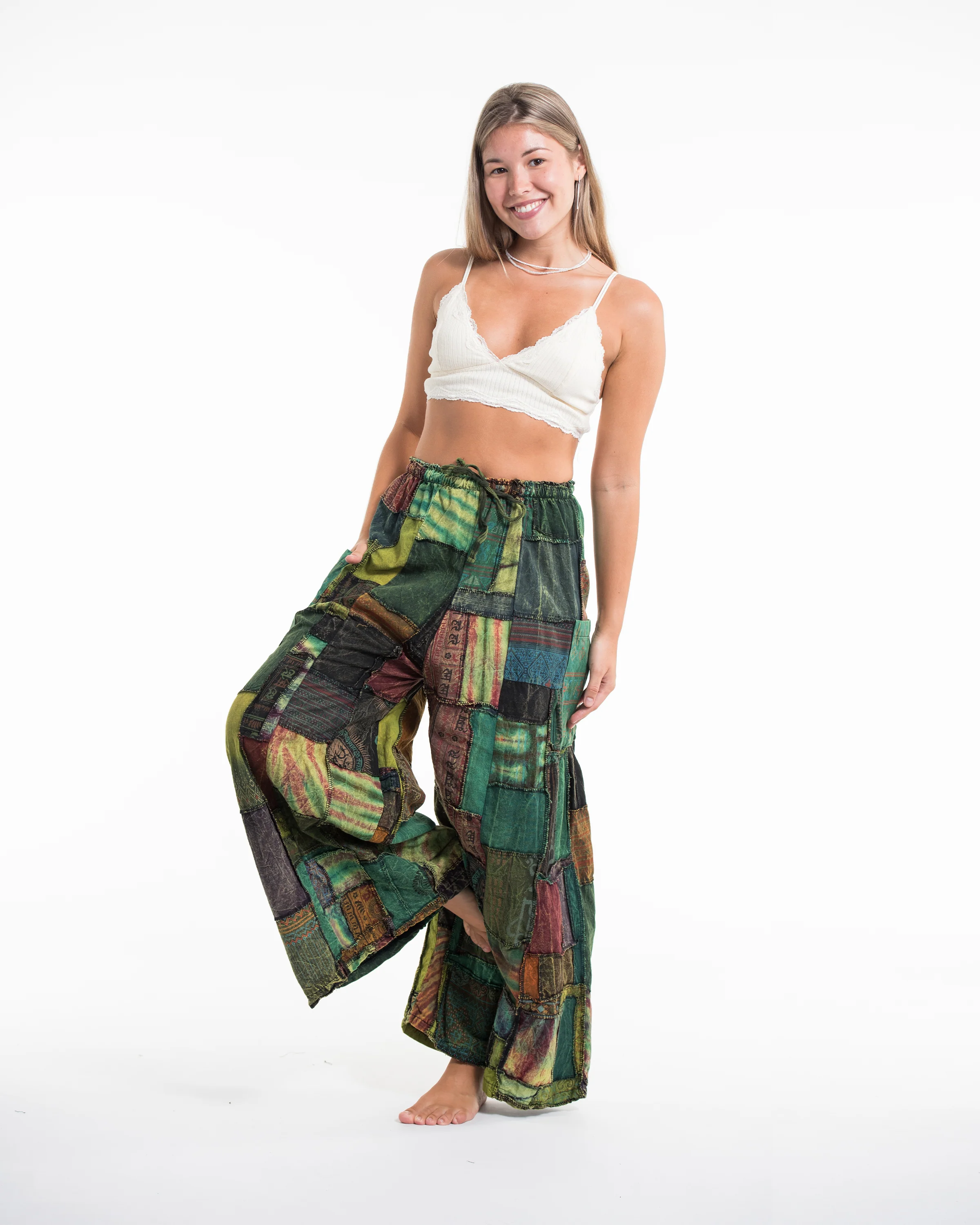 Women's Patchwork Stone Washed Wide Leg Cotton Pants in Dawn