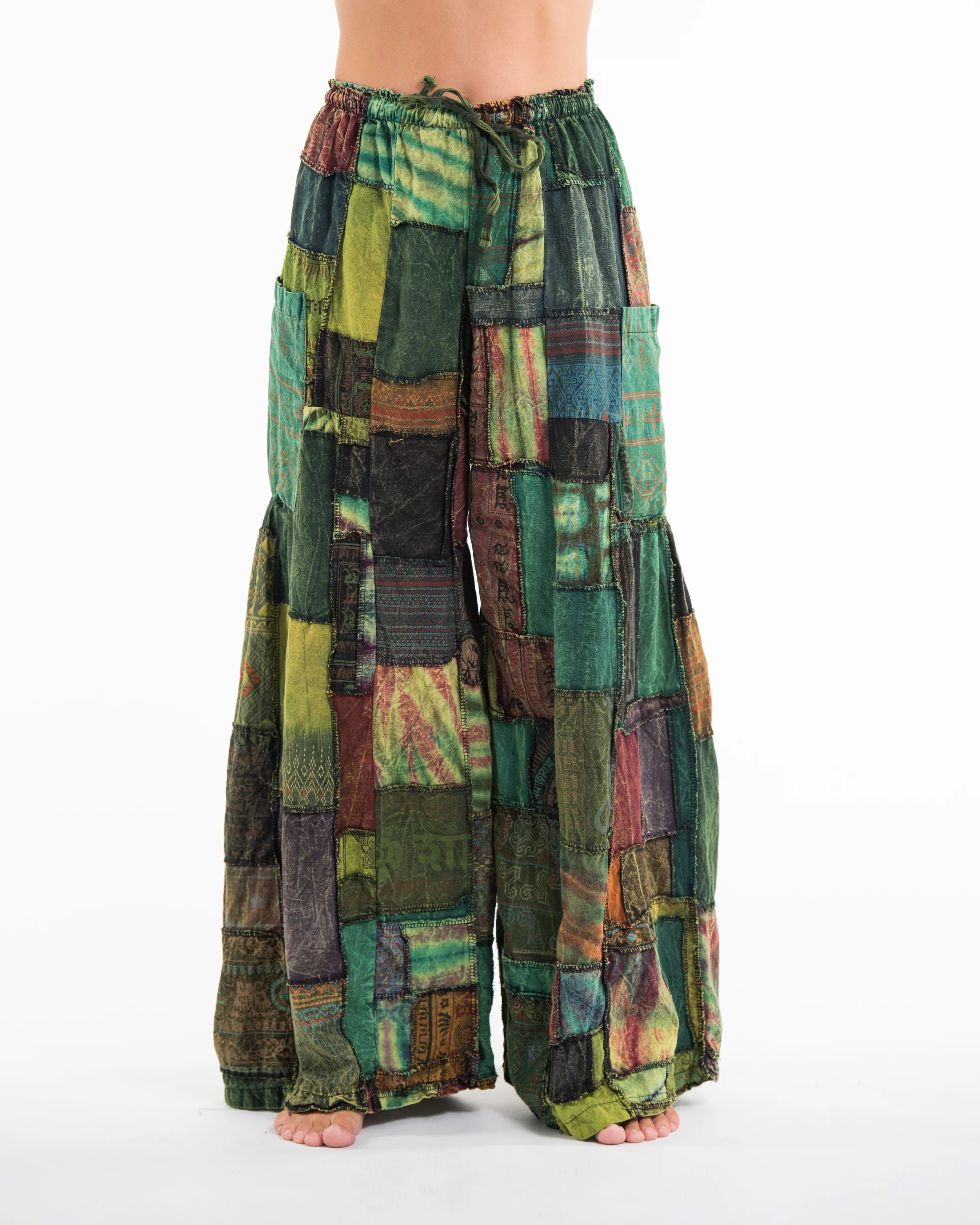 Women's Patchwork Stone Washed Wide Leg Cotton Pants in Dawn